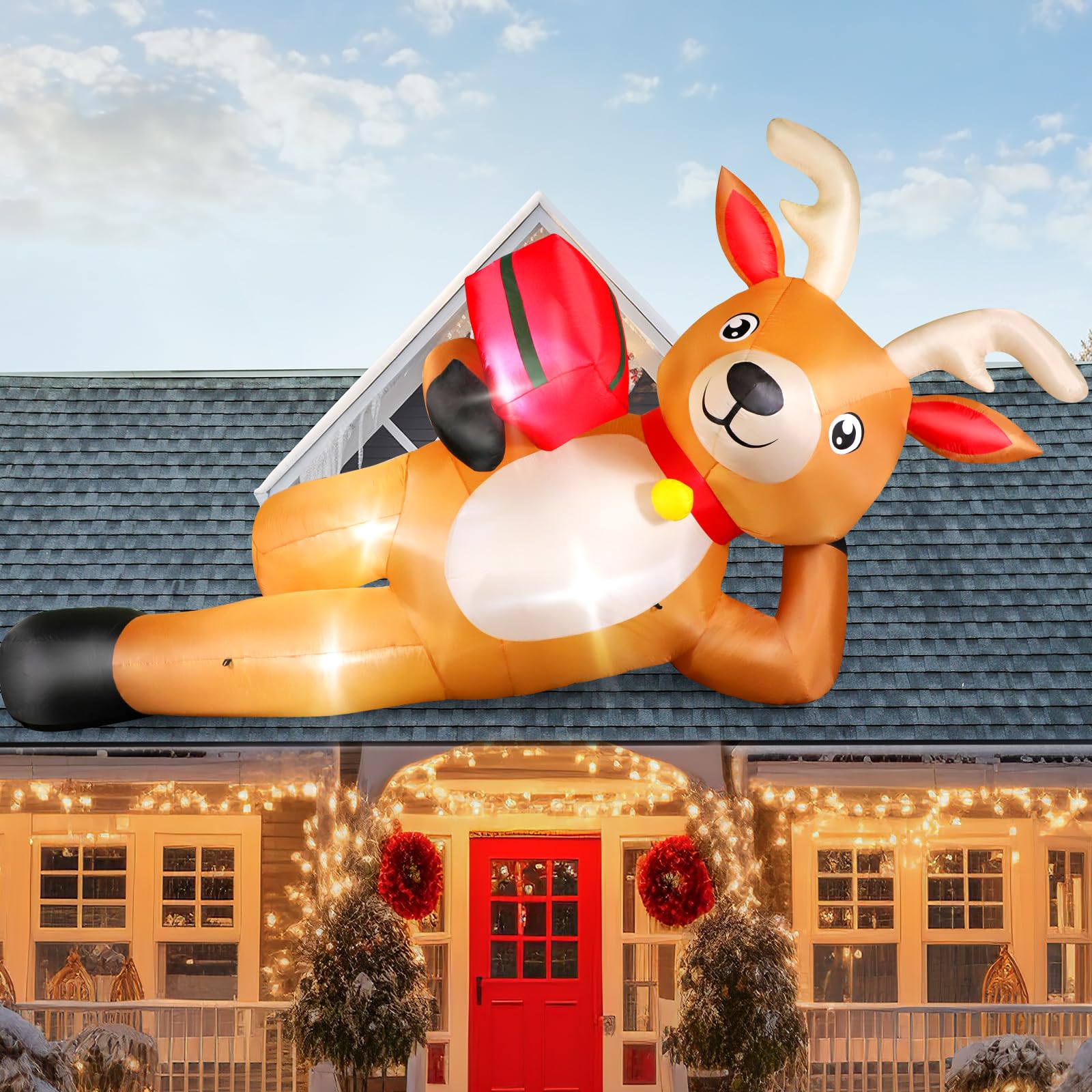 12 FT Giant Christmas Inflatable Reindeer Outdoor Decorations, Large Blow Up Reindeer with Gift Box Decor, Built-in LED Lights, 