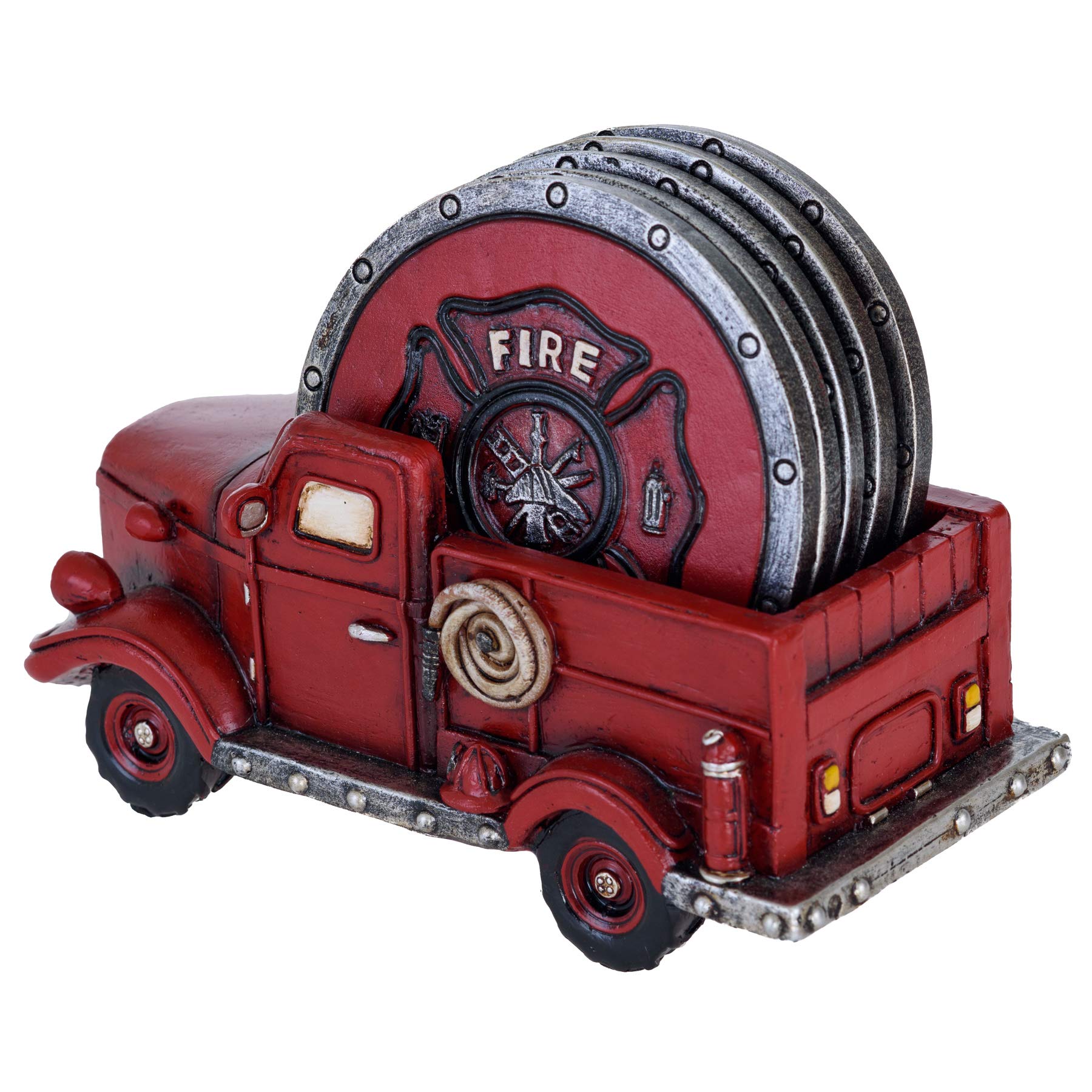Fire Truck Coaster Set Of 5 - Firefighter Kitchen Table Coasters Set Rustic Home Decor Living Room - Firefighter Coaster Sets Wi