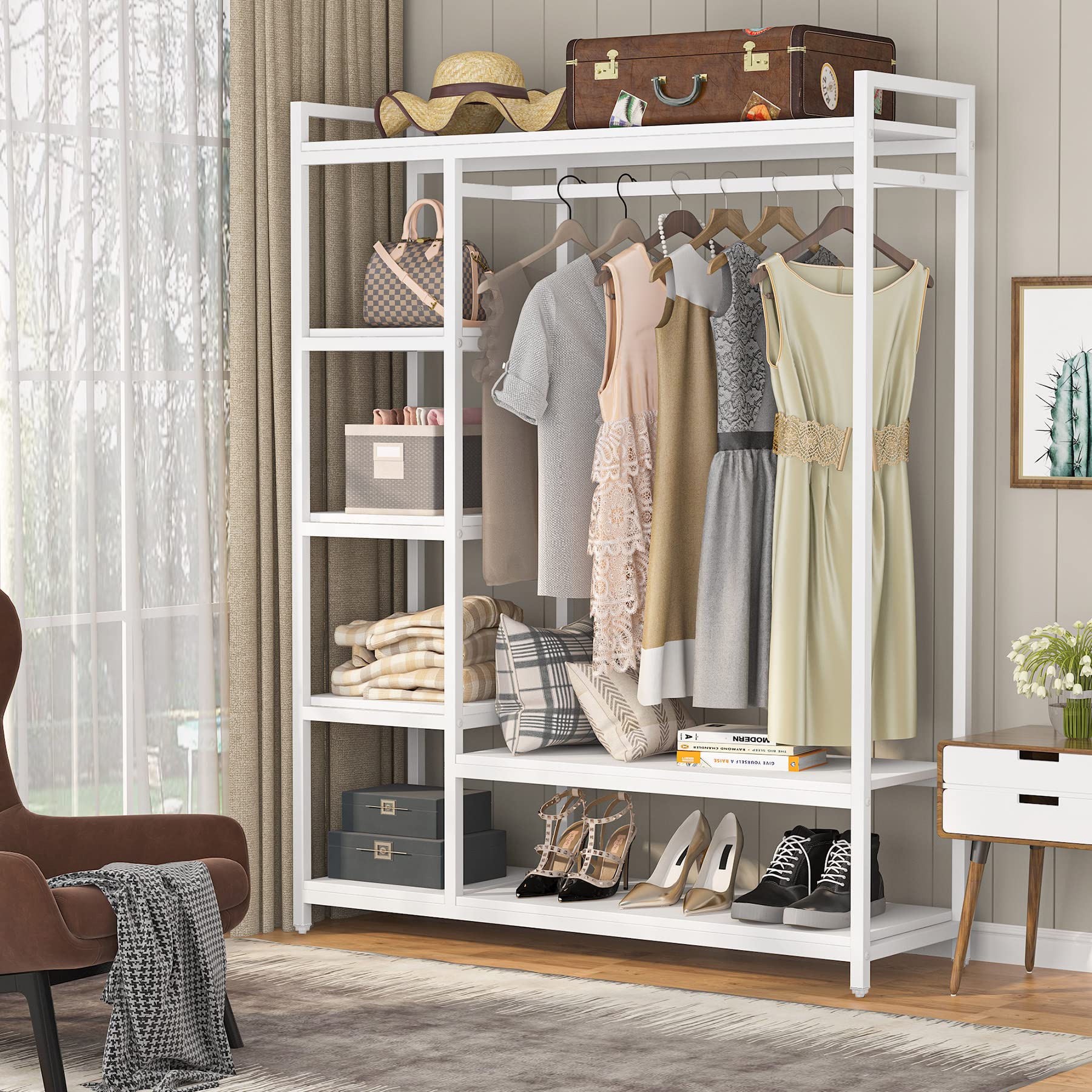 Little Tree Free-Standing Closet Organizer, Heavy Duty Clothes Closet, Portable Garment Rack With 6-Tier Shelves And Hanging Rod