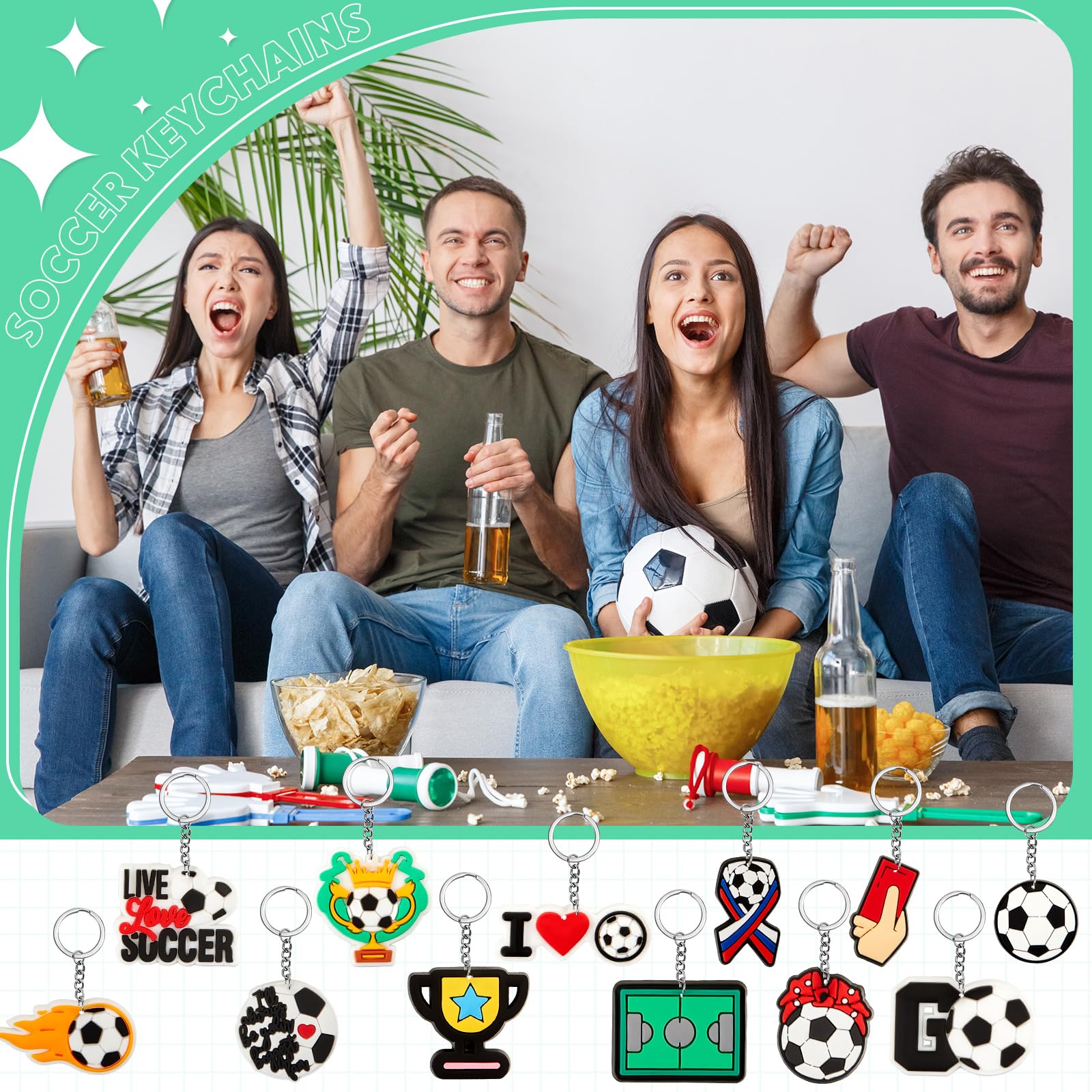 Batiyeer 36 Pack Sports Keychains Sports Ball Key Ball Keychain Bulk For Sports Birthday Party Favors (Soccer)