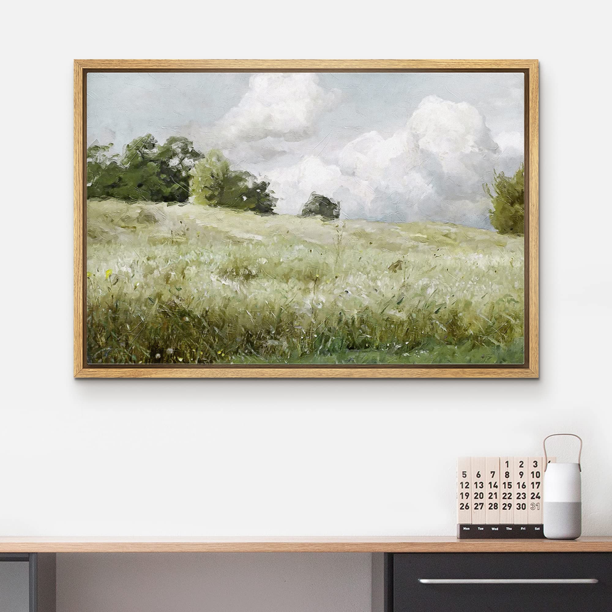 Wall26 Framed Canvas Print Wall Art Green Meadow Under Stormy Clouds Nature Wilderness Illustrations Modern Rustic Colorful Mult