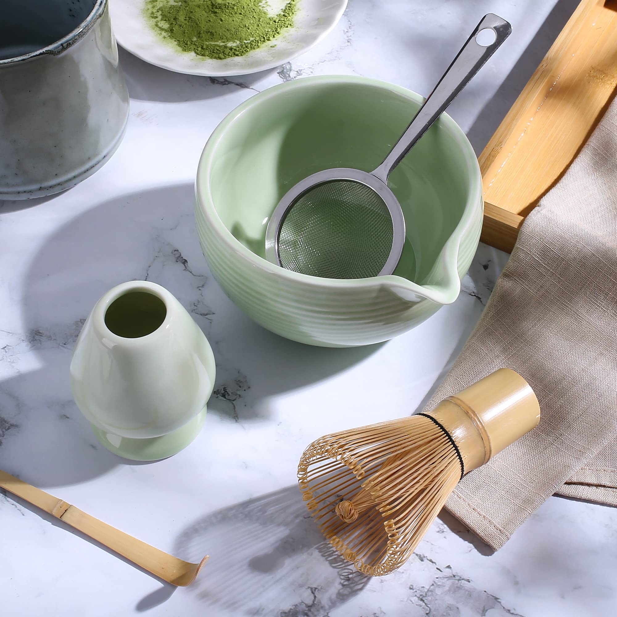 Zenrc Ceremony Matcha Kit - Traditional Bamboo Matcha Whisk (Chasen) Scoop Chawan Bowl With Pouring Spout Whisk Holder Sifter Tr
