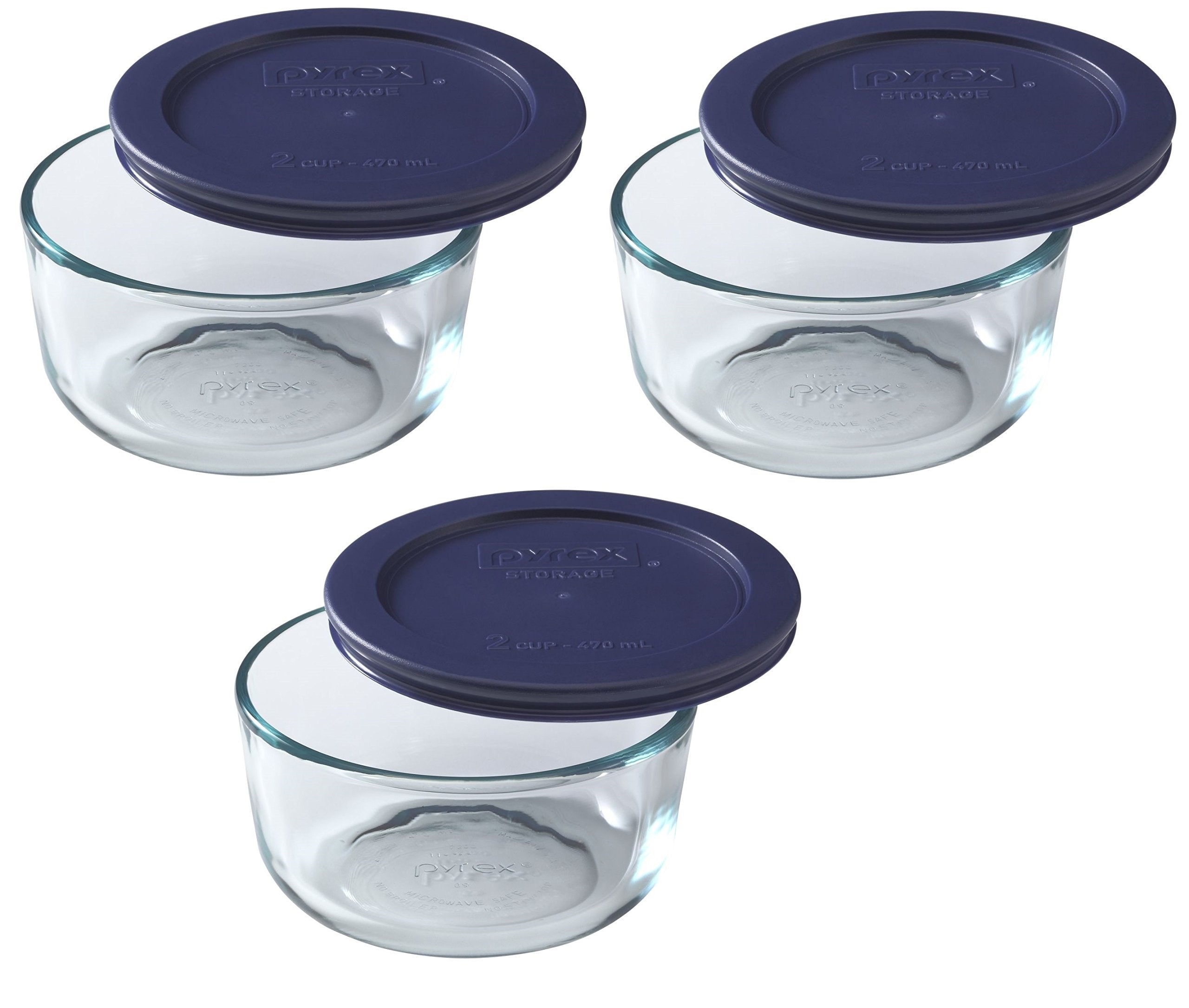 Pyrex 2 Cup Storage Round Container with Dark Blue Plastic Lids - Original Genuine Pyrex -Made in the USA - 3 Pack