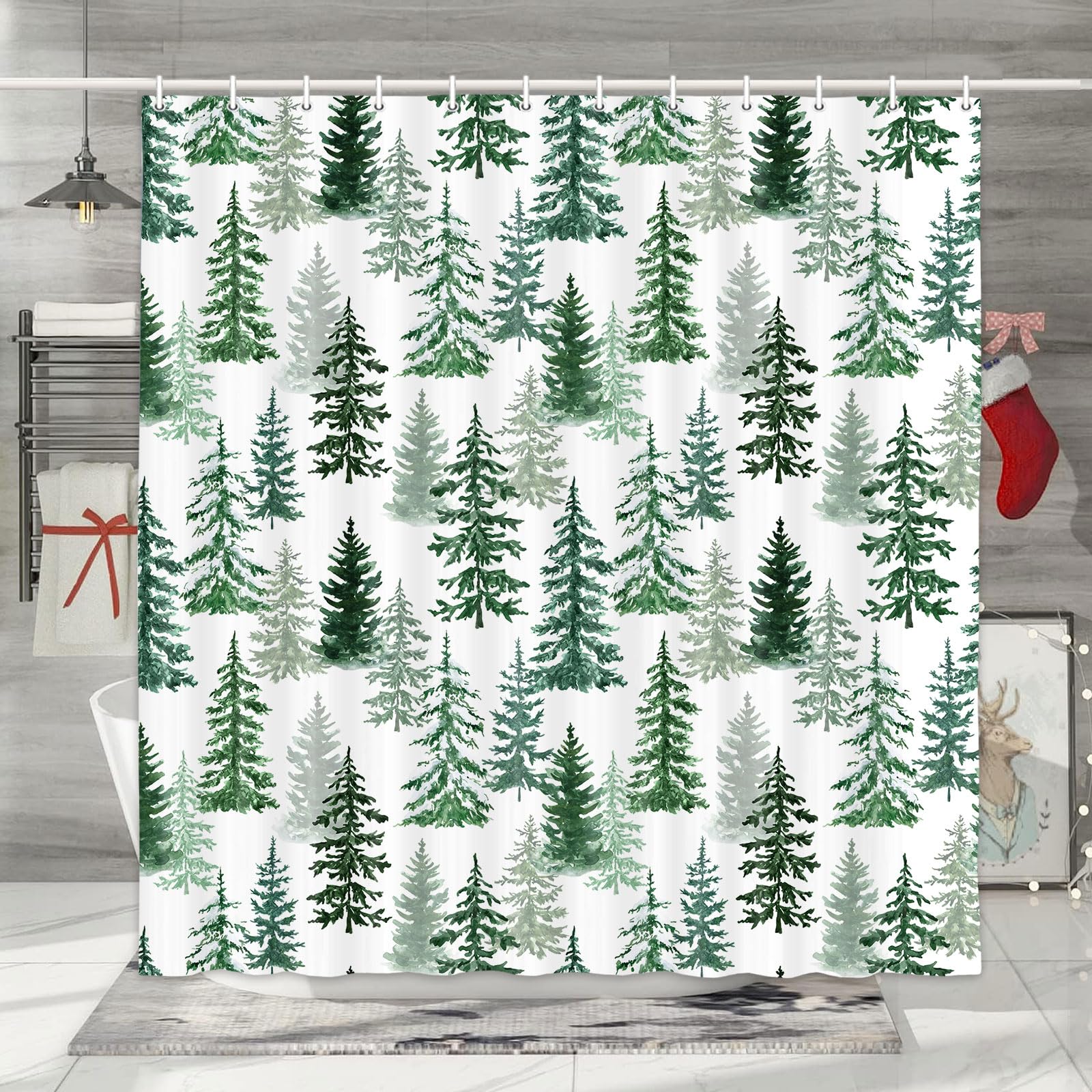 Winter Forest Shower Curtain Green Christmas Tree, Teal Green Pine Tree Bath Curtain Snow Forest Snowy Countryside Landscape Bat