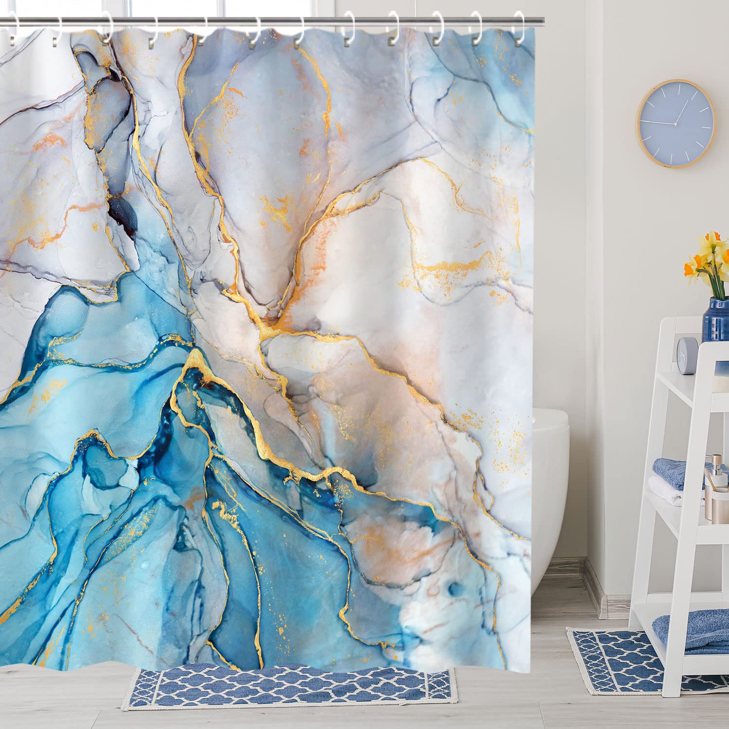 RosieLily Blue Shower Curtain  Marble Shower Curtains Set with 12 Hooks  Watercolor Blue Gold White Shower Curtains  Cool Abstract Marble Bathroom Decor  72''x72''