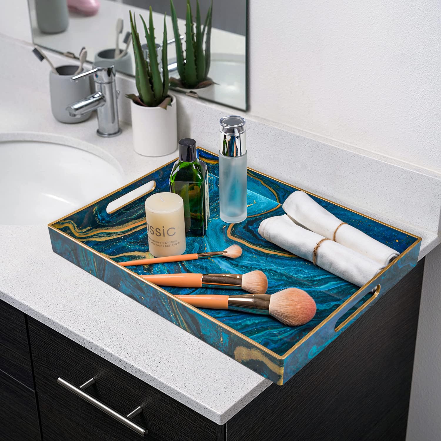 Maoname Plastic Decorative Tray, Marbling Tray With Handles, Rectangular Coffee Table Tray, Serving Tray For Ottoman, Bathroom,
