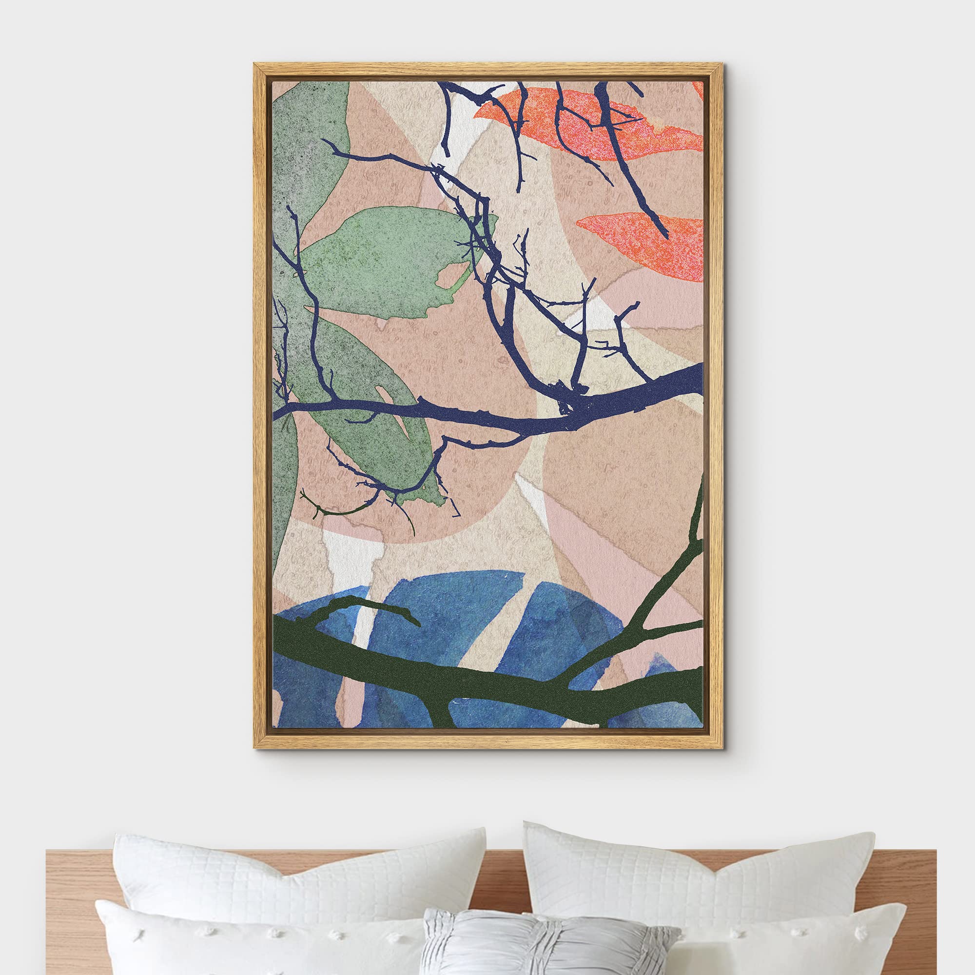 IDEA4WALL Framed Canvas Print Wall Art Tropical Leaf Display with Blue Branches Plants Nature Digital Art Modern Art Rustic Group Colorful for Living Room  Bedroom  Office - 16''x24'' Natural