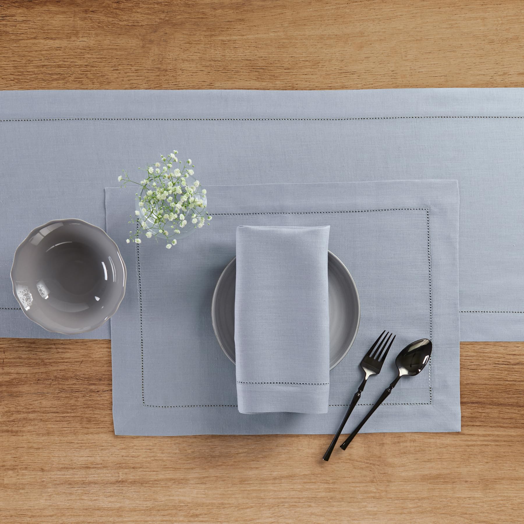 Solino Home Linen Dusty Blue Table Runner 60 Inch - 100% Pure Linen Classic Hemstitch Short Table Runner 14 X 60 Inch Ideal For