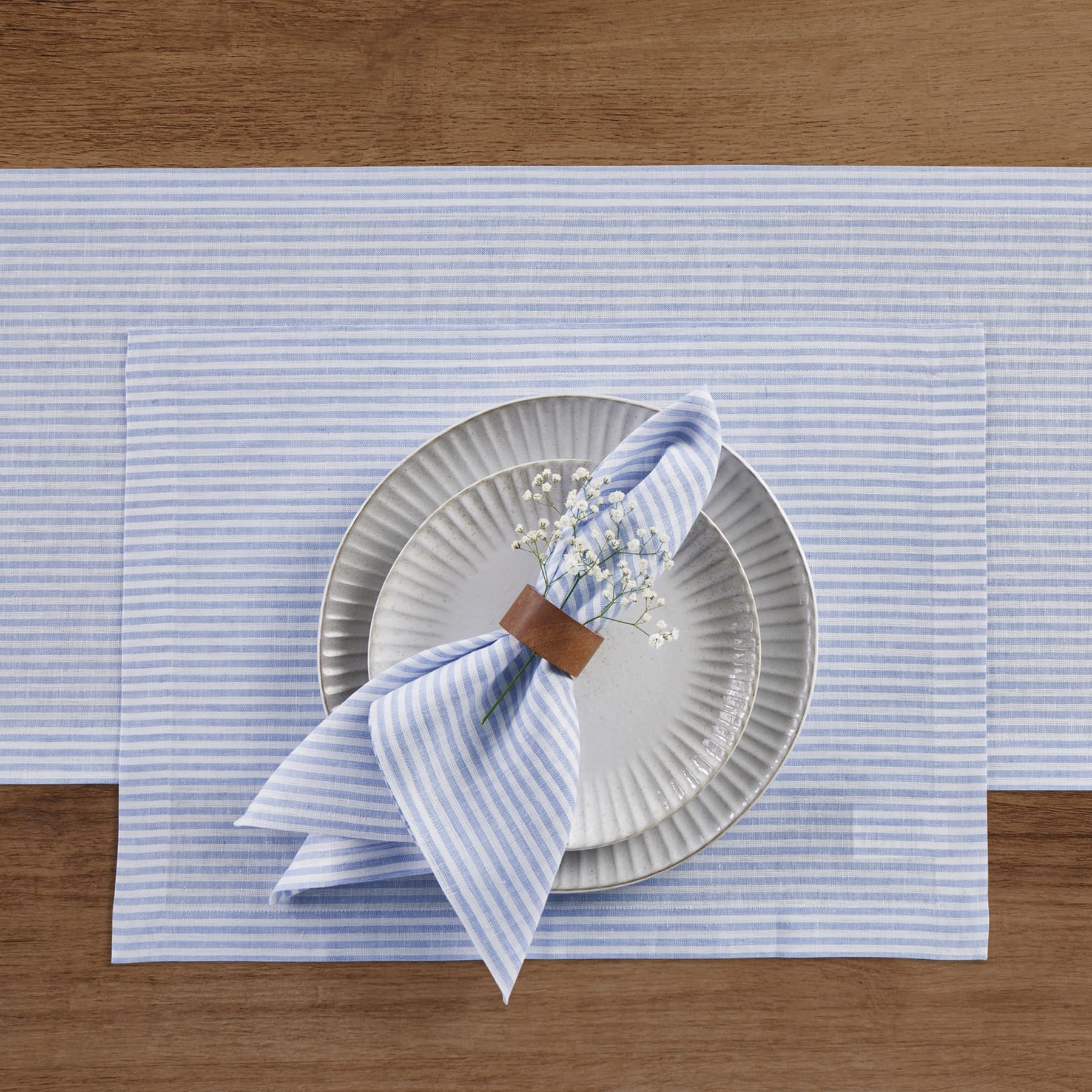 Solino Home Stripe Linen Placemats 19'' L X 14'' W Inch - 100% Pure Linen Cornflower Blue And White Cloth Placemats Set Of 4 - N