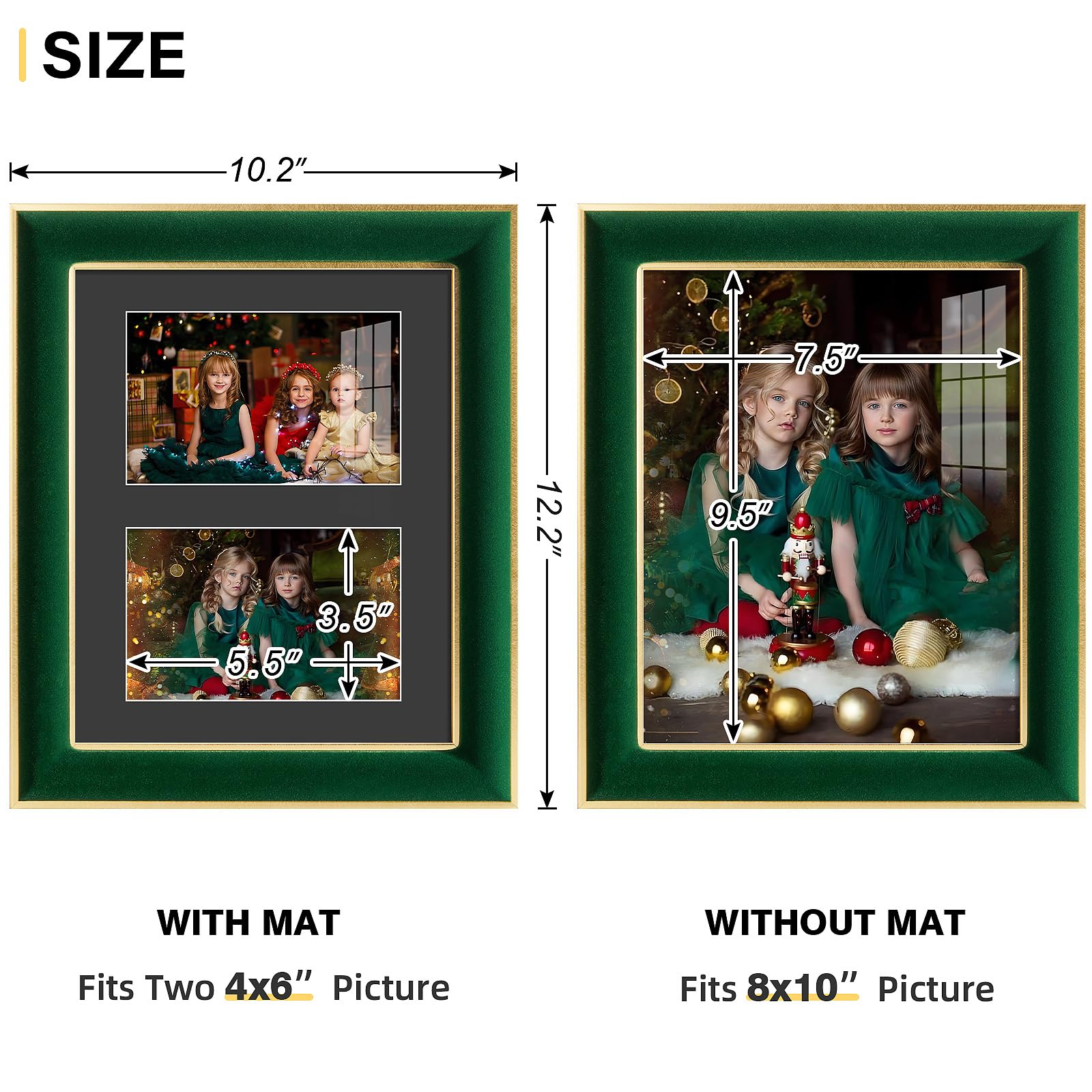 KSROECUD 8x10 Velvet Picture Frame with 2 Opening 4x6 Picture, HD Real Glass Green Velvet Photo Frame with Black White Border Ma