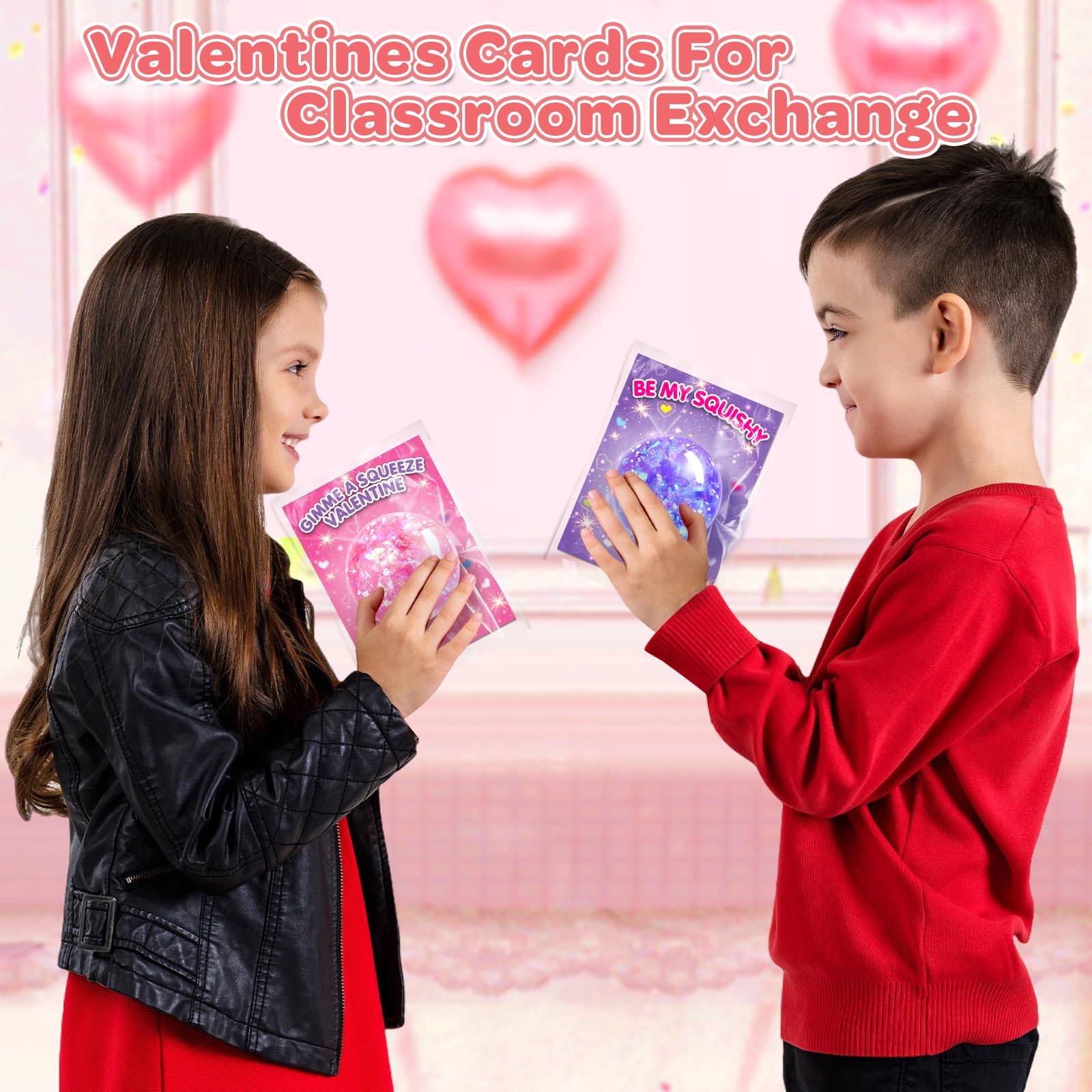 Springflower Valentines Day Cards For Kids, 24 Pack Valentines Party Favors For Kids With Stretchy Balls Toys, Classroom Valenti