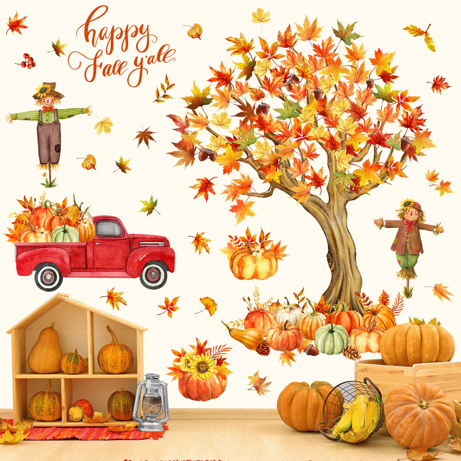 Resurhang Fall Maple Leaves Wall Decals Fall Tree Scarecrow Pumpkin Truck Wall Decor Sticker Thanksgiving Removable Fall Leaves