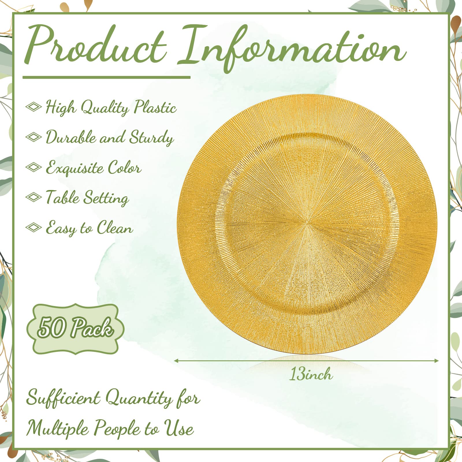 Tanlade 50 Pcs Gold Charger Plates Bulk, 13 Round Plastic Dinner Charger Plate, Shiny Golden Table Chargers Serving Plates Cater