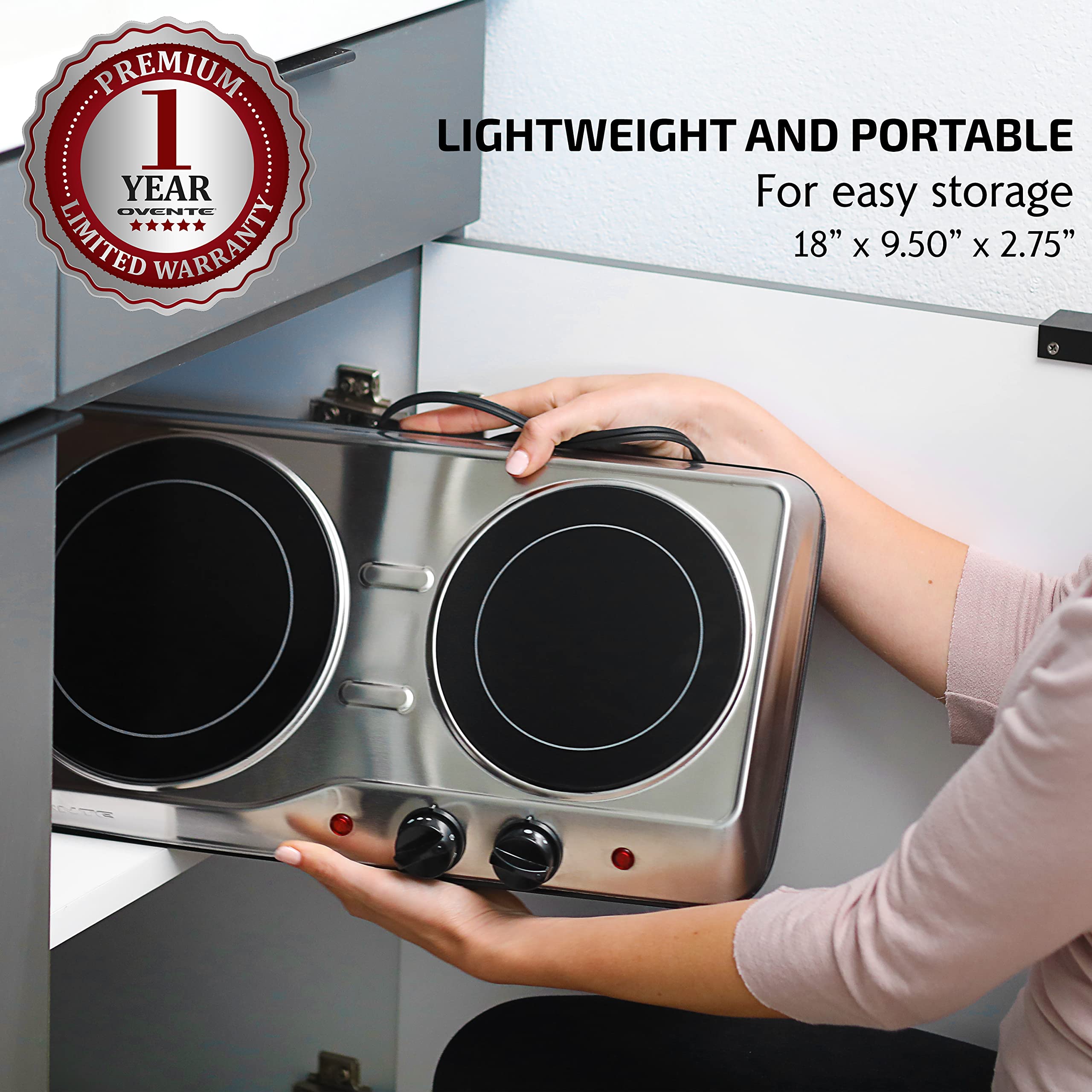 Ovente Countertop Infrared Double Burner, 1700W Electric Hot Plate And Portable Stove With 7.75'' And 6.75'' Ceramic Glass Cookt