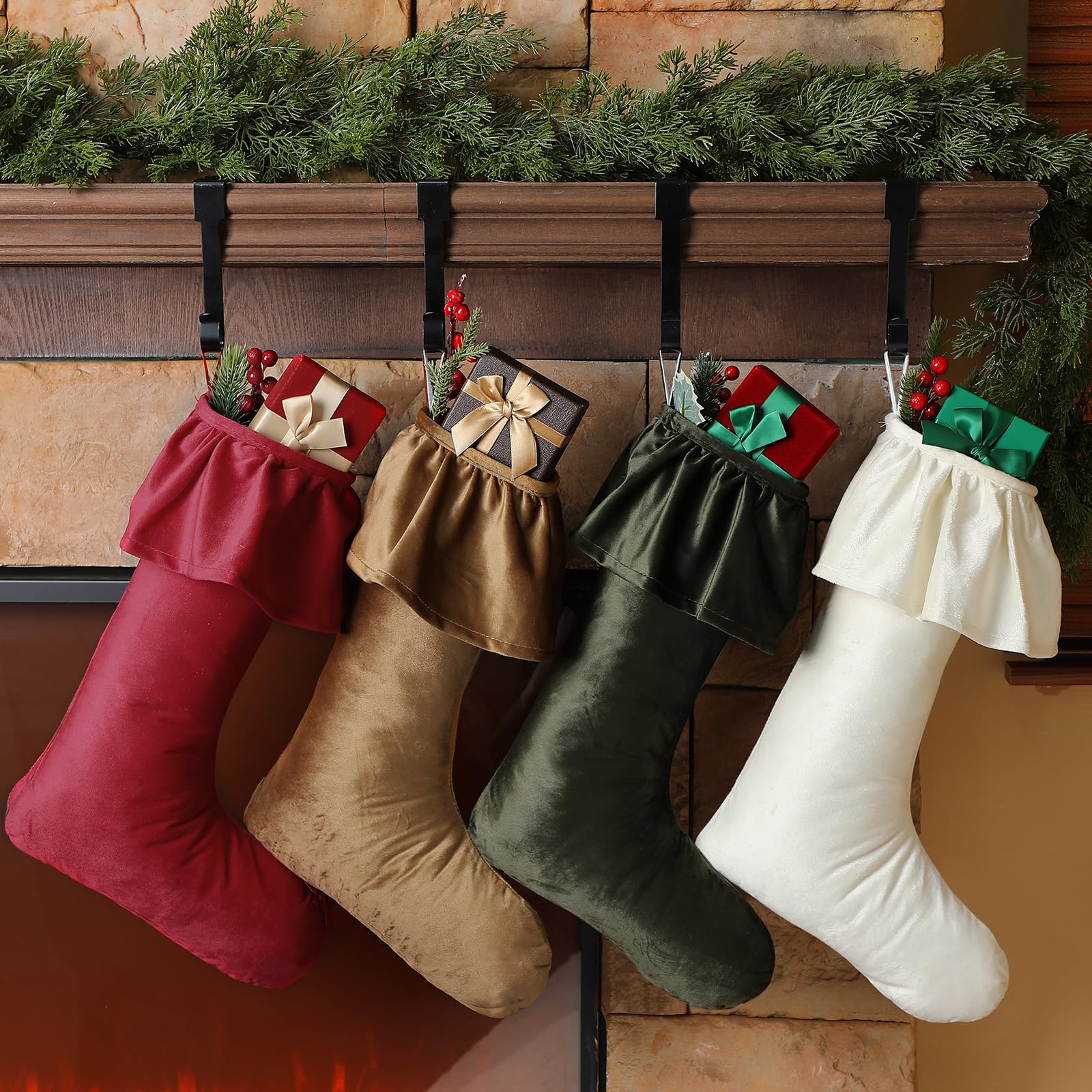 Kinlop 4 Pack 18 Inch Neutral Christmas Velvet Stocking Ruffled Design Large Christmas Stockings with Hanging Loops for Fireplac