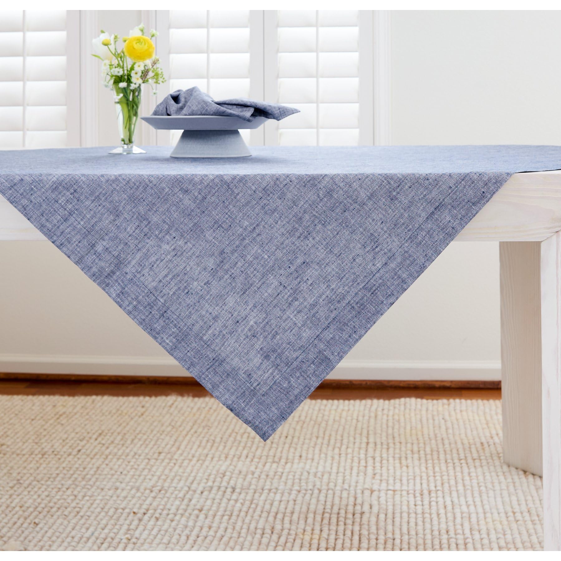 Solino Home Linen Tablecloth 52 X 52 Inch - Chambray Indigo 100% Pure Linen Table Throw For Spring, Easter - Handcrafted And Mac