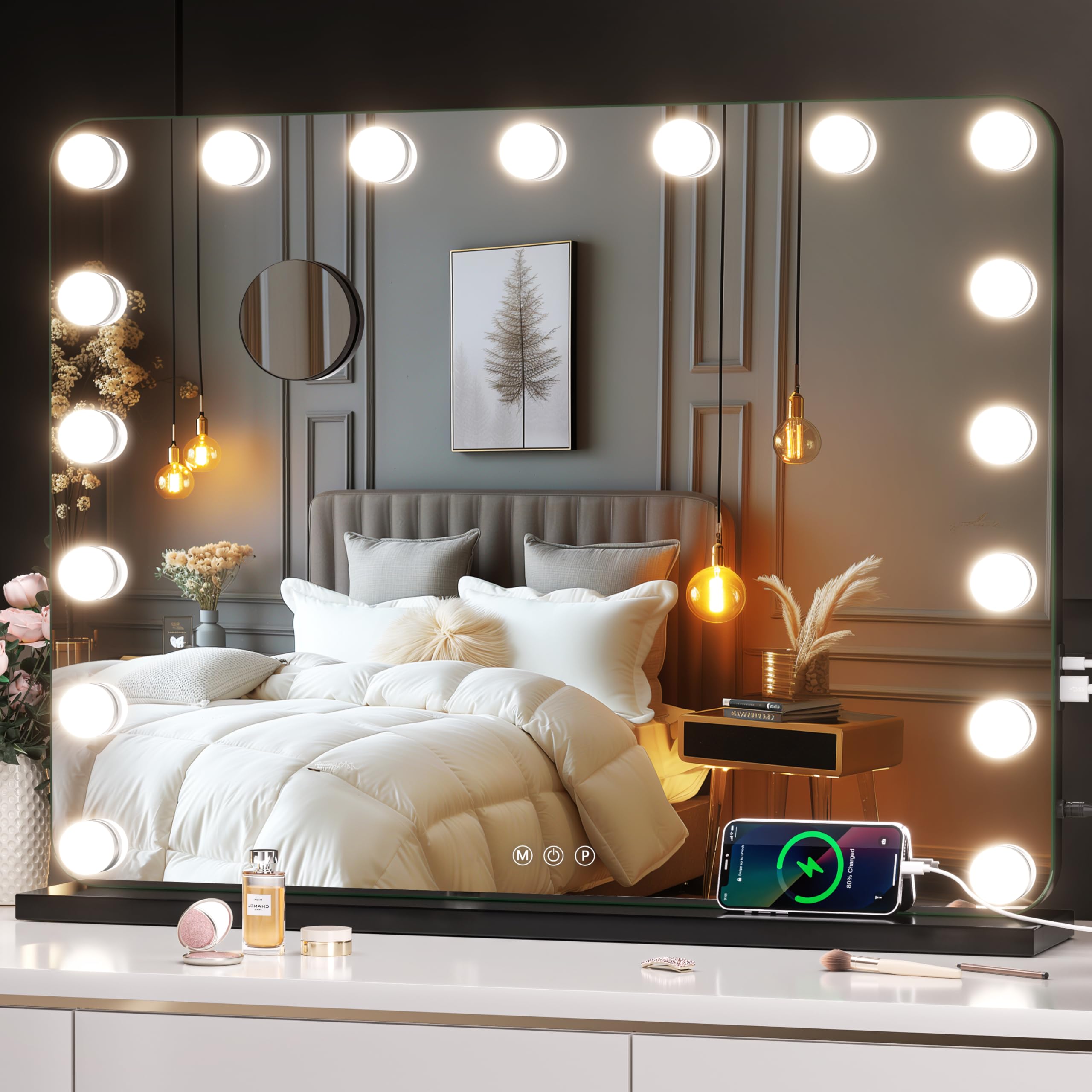 Hasipu Vanity Mirror With Lights, 31.5'' X 23.6'' Hollywood Mirror, Makeup Mirror With 17 Dimmable Bulbs And 10X Magnification,