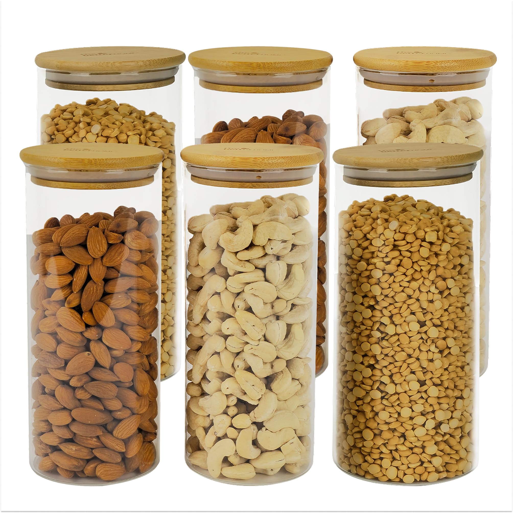 The Better Home Borosilicate Glass Jars With Bamboo Lid I 1000Ml Each-Pack Of 6 | Transparent Airtight Borosilicate Kitchen Cont