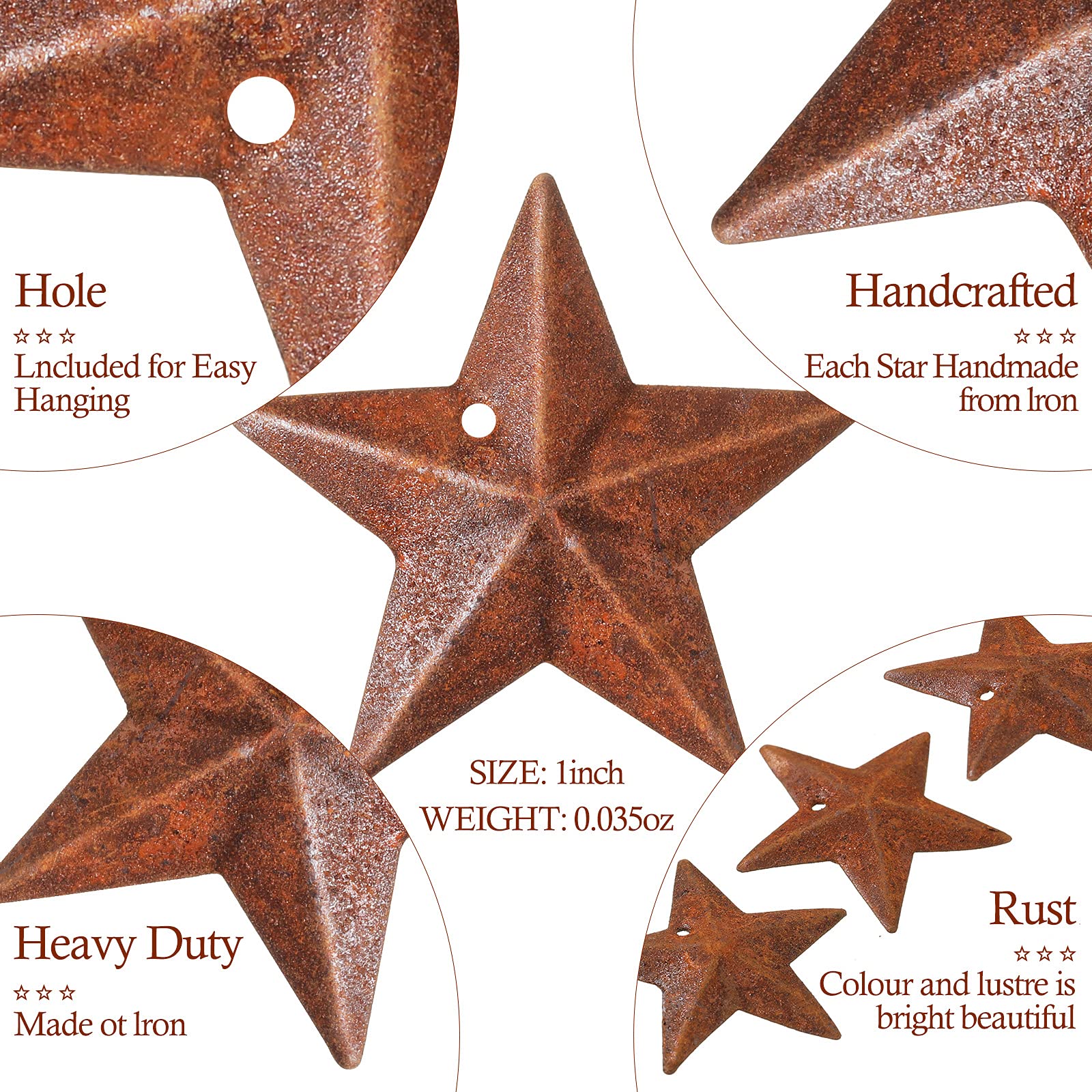 Hotop 24 Pieces Metal Rusty Barn Star for Crafts with Holes 1.18 Inch Antique Primitives Rustic Country Star Craft Ornaments 3D