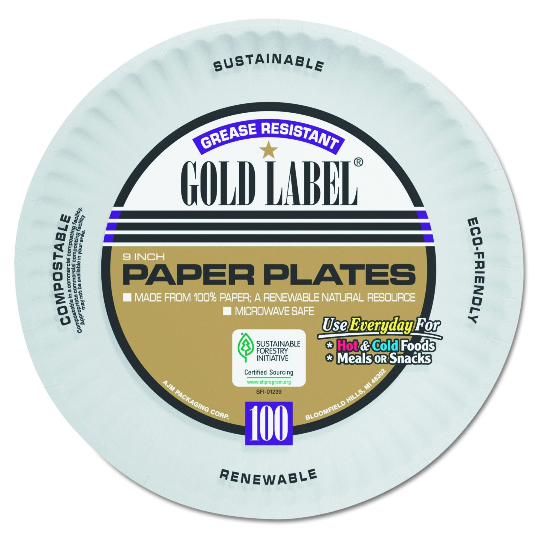 AJM Packaging CP9GOAWH Gold Label White Coated Paper Plate, 9 Diameter (12 Packs of 100)