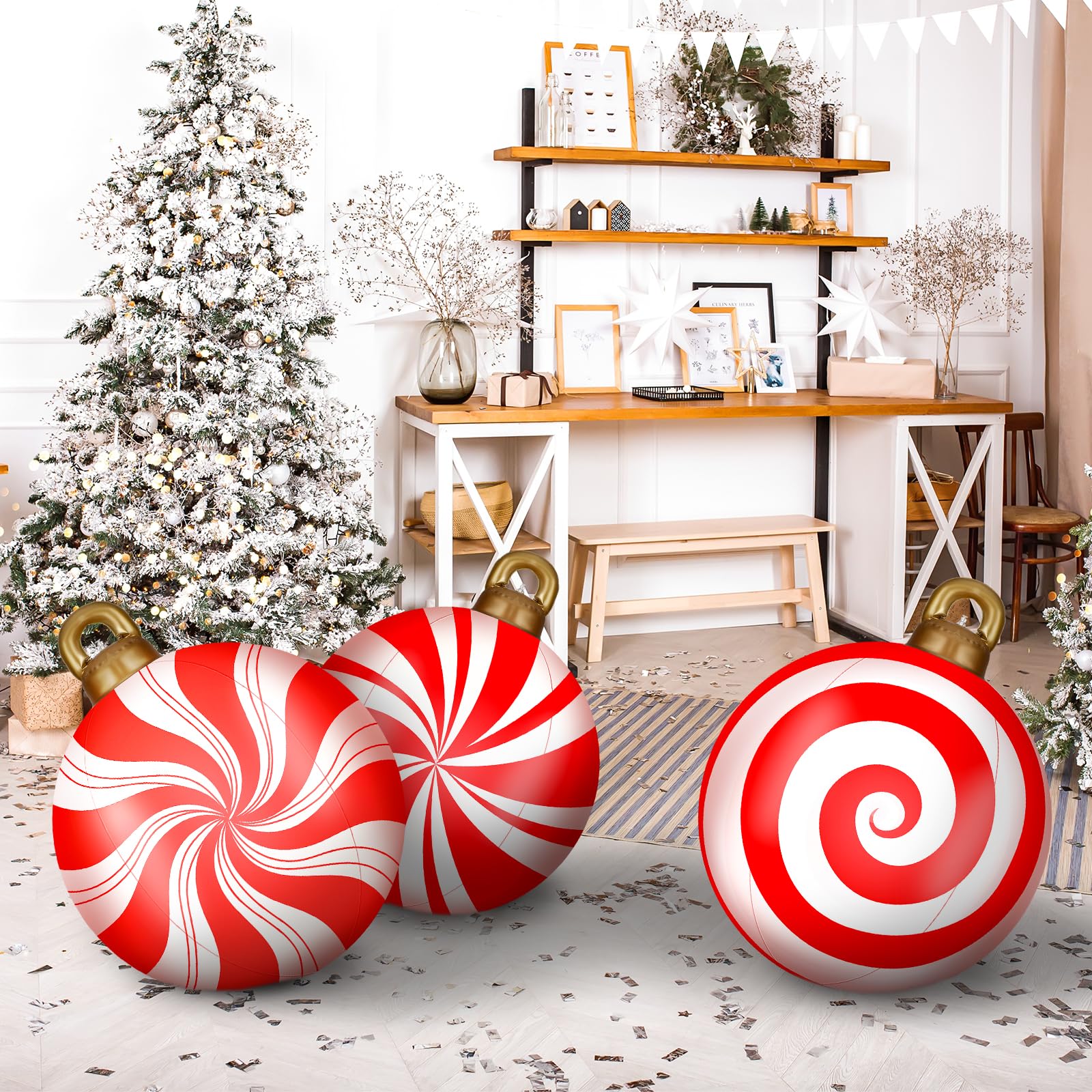Jetec 4 Pcs 32 Inch Giant Inflatable Christmas Ball Large Xmas Inflatable Ornaments PVC Outdoor Holiday Blow Ball Outside Yard L