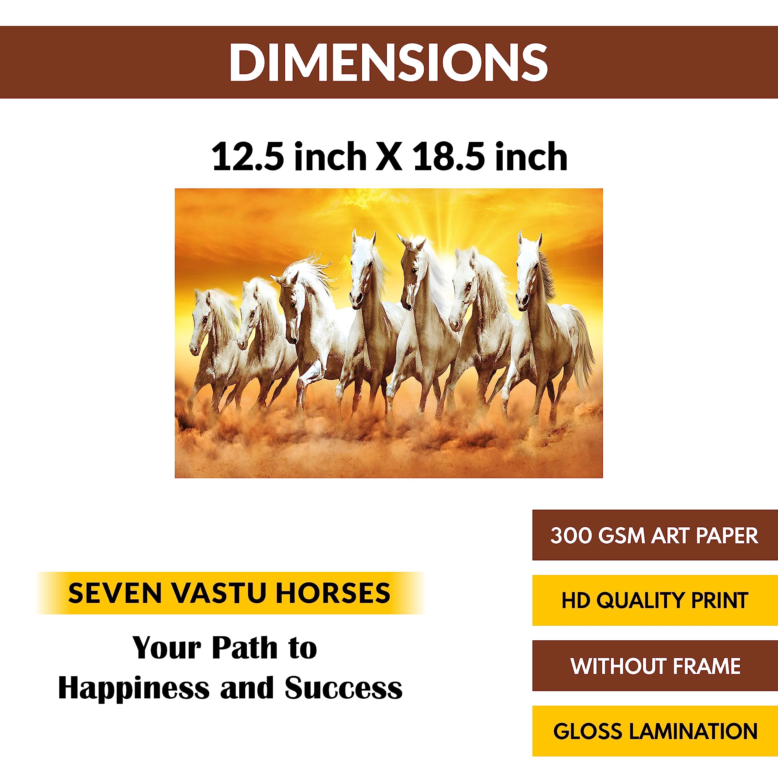 Clickedin Seven Lucky Attractive White Running Horses According To Vastu Shastra Without Frame High Glossy Laminated Wall Painti