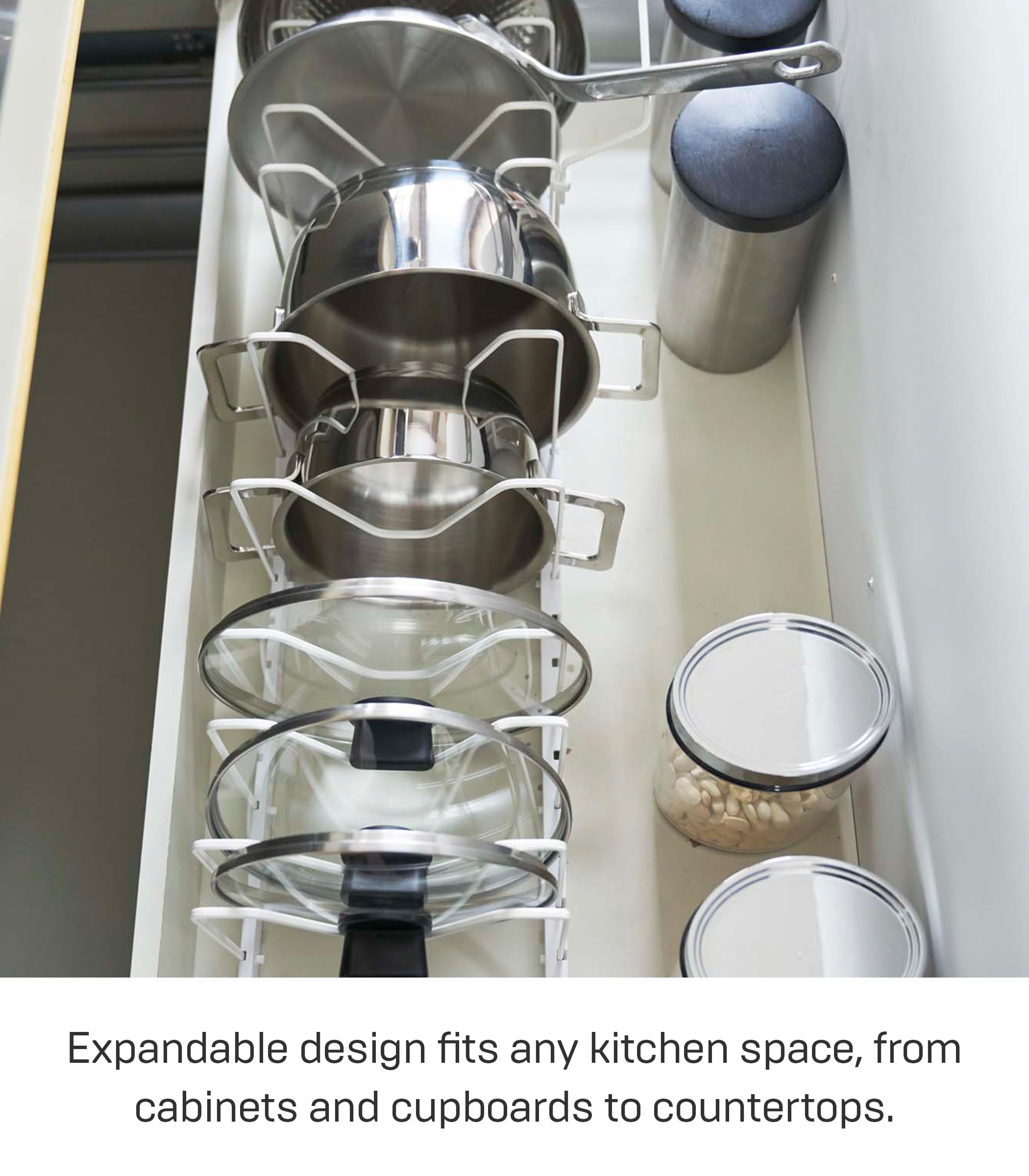 Yamazaki Home 3840 Adjustable Lid & Pan Organizer-Kitchen Drawer Storage Shelf Rack, One Size, White