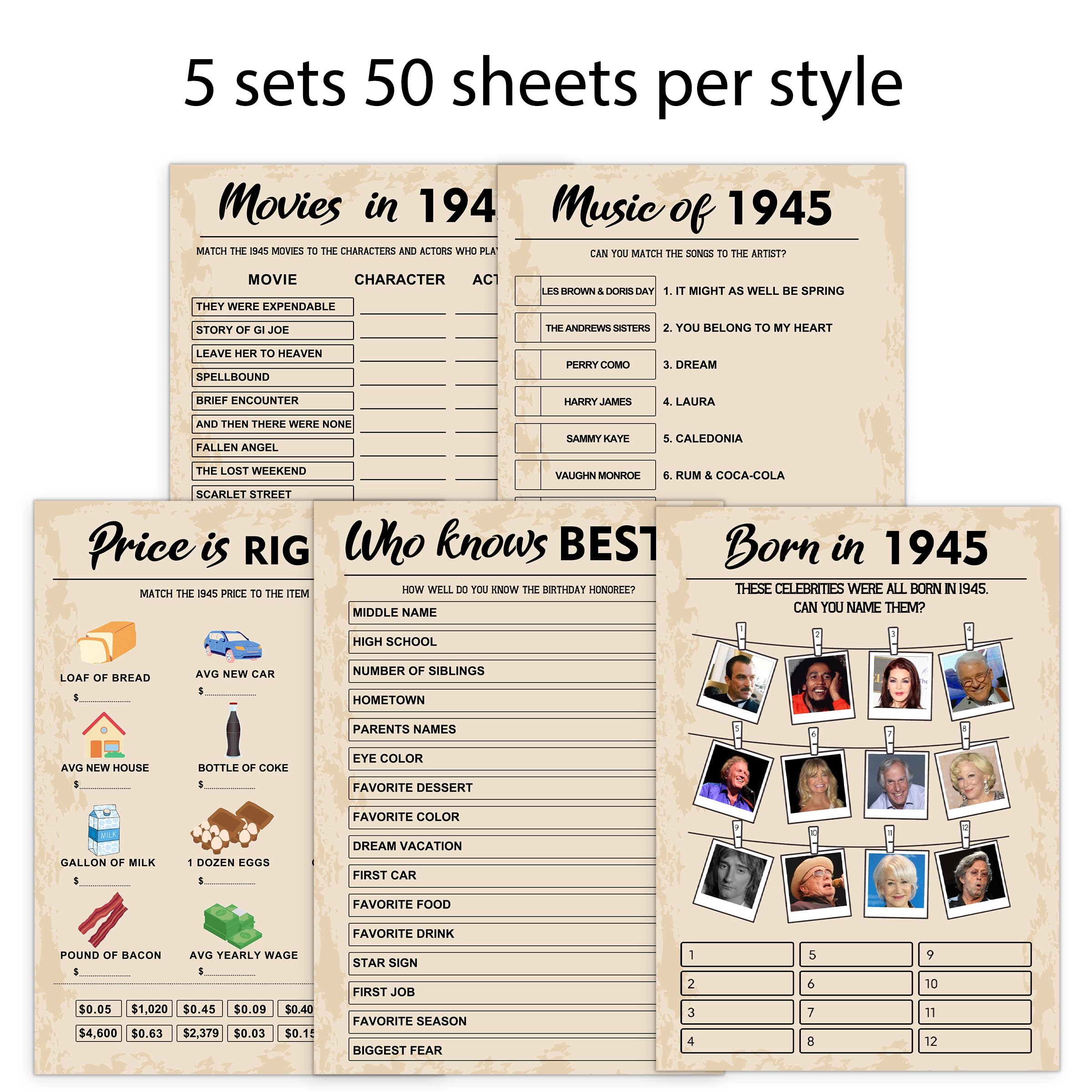 80Th Birthday Party Games, Born In 1945 Games Bundle, Set Of 5 Activities For 10 Guests, Birthday Party Supplies For Adults, Pac