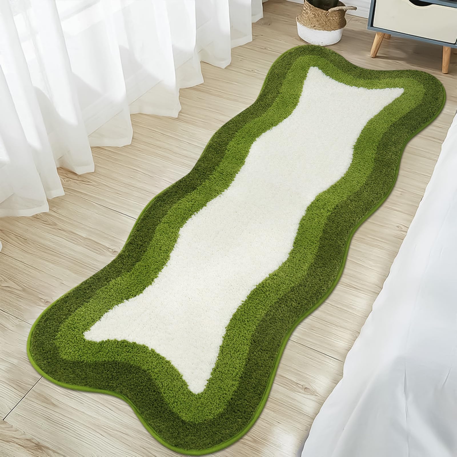 Haocoo Bathroom Rugs Runner 18X47 Inch, Non Slip Soft Green Rug Irregular Shape Bathroom Mats, Washable Absorbent Long Bathroom