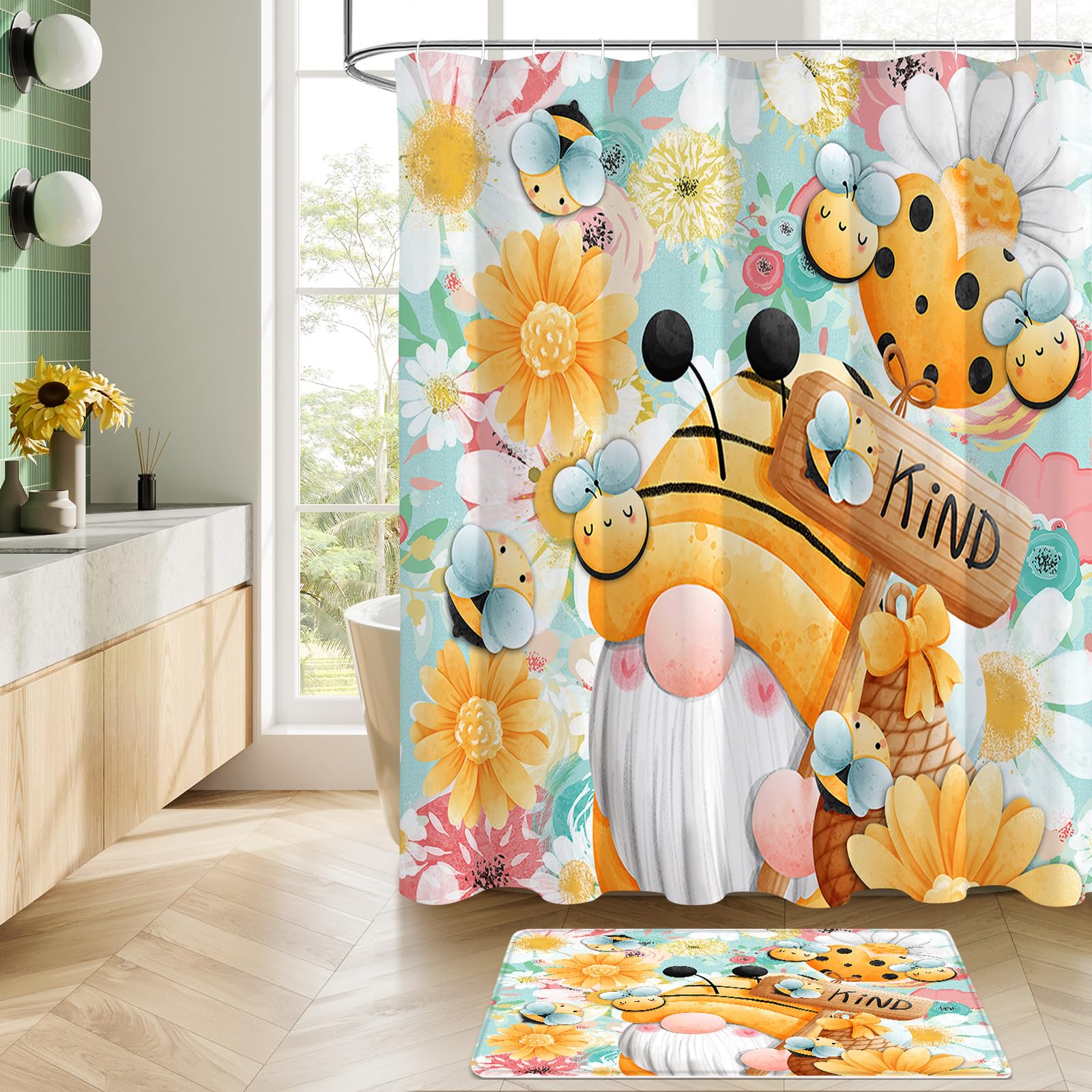 Litabel 4 Pcs Sping Gnomes Shower Curtain Set With Non-Slip Rugs, Toilet Lid Cover And Bath Mat, Boho Floral Bathroom Decor Set