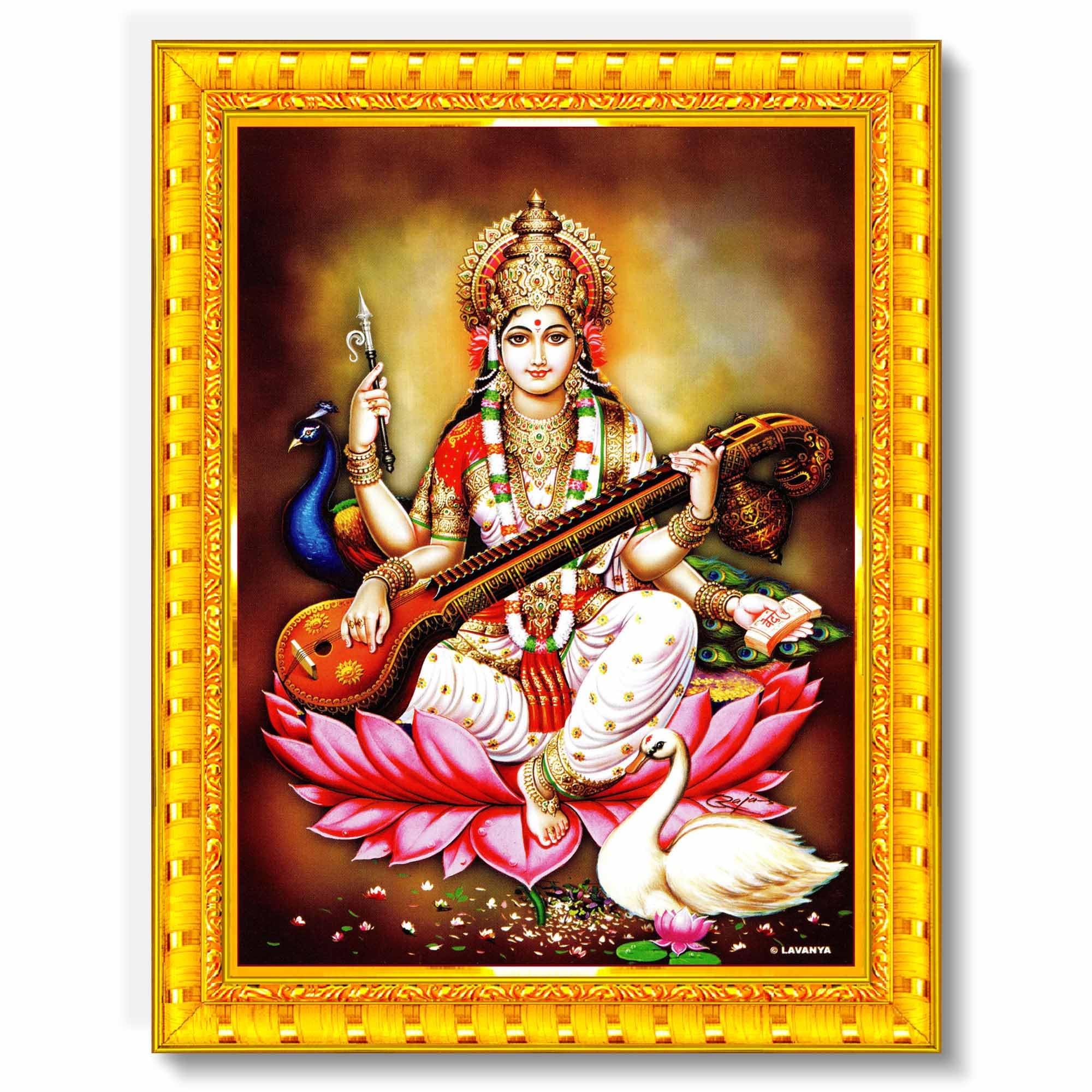 Pavan Photo Laminations Saraswati Devi Goddess Saraswathi Maa Wall Painting Framed Home Decor (Wood,Matte,Gold,Small Size,6 X 8 