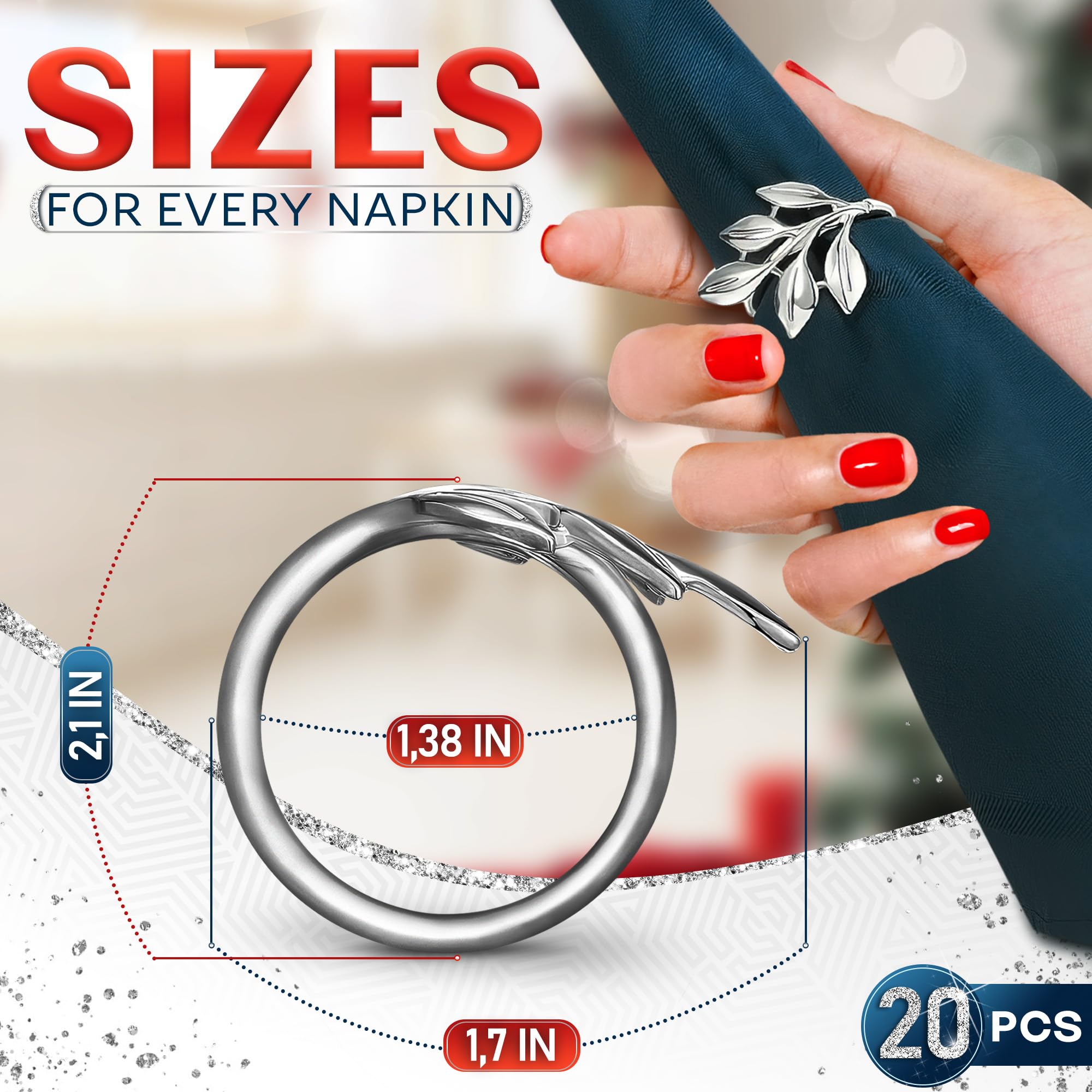 Set Of 20 Silver Napkin Rings - Elegant Leaf Design Table Decor | Stylish For Weddings, Dinner Parties, Womens Day, And Festive