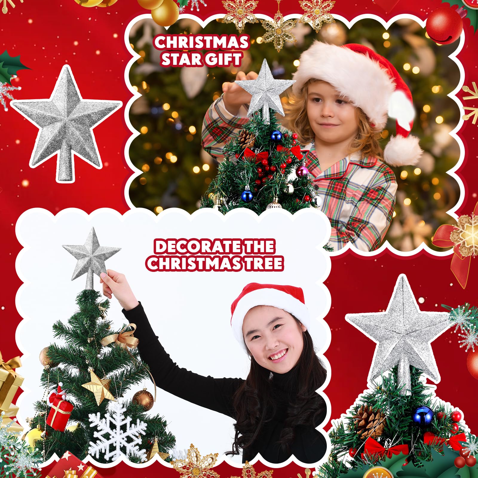 Hanaive 6 Inches Christmas Tree Topper Glitter Star Tree Topper Christmas Tree Decoration Treetop Decorative Star Ornaments for