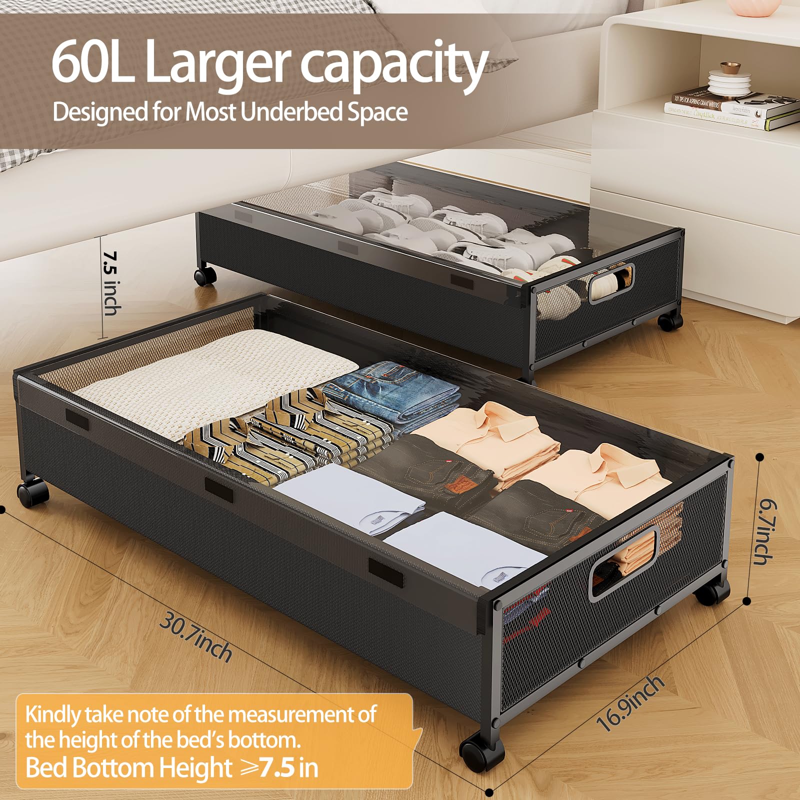 KITHELP Under Bed Storage Containers with Wheels, Underbed Shoe Storage Organizer with Removable Lids, Large Rolling Under Bed S
