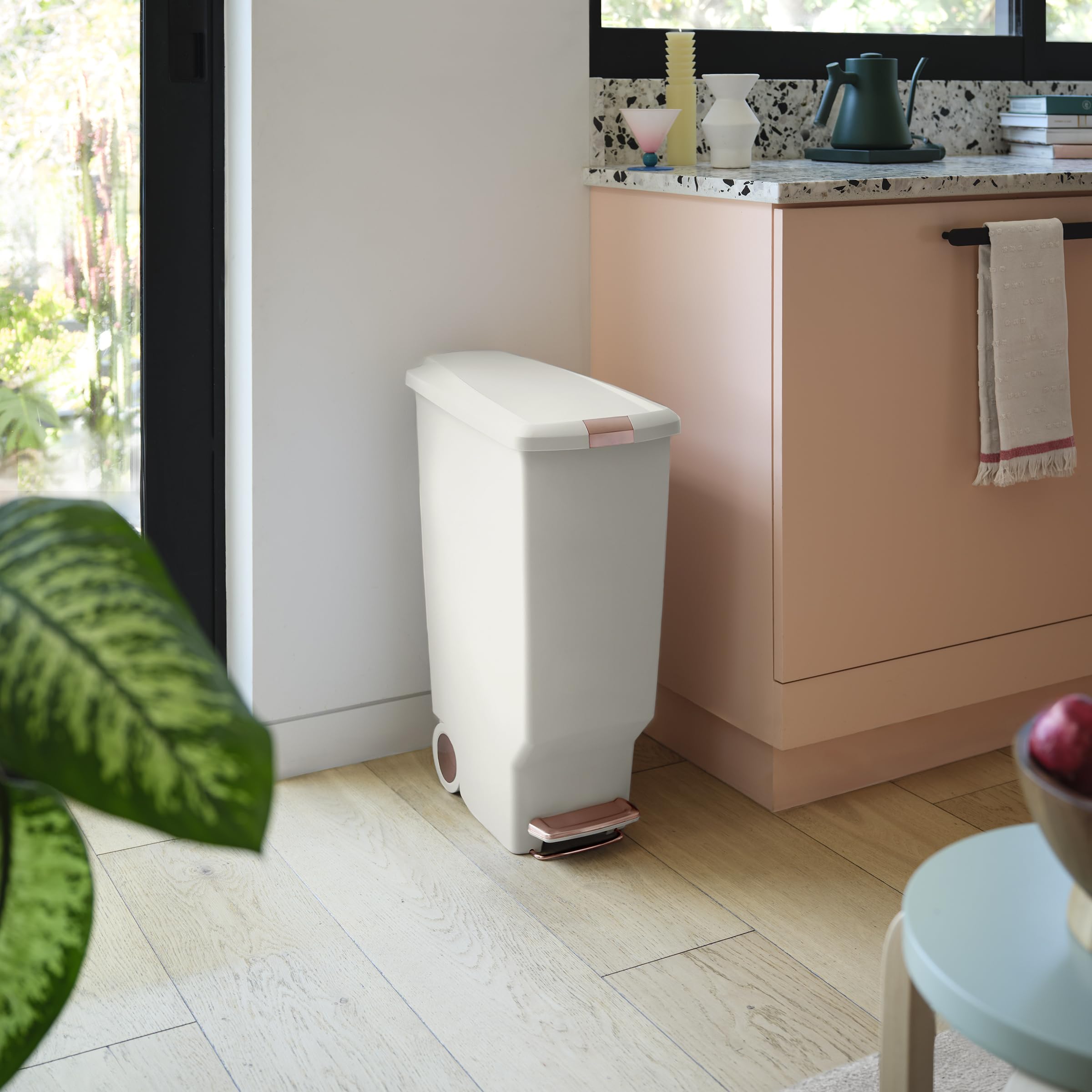 simplehuman 40 Liter / 10.6 Gallon Hybrid Slim Kitchen Step Trash Can with Secure Slide Lock, Cream Plastic