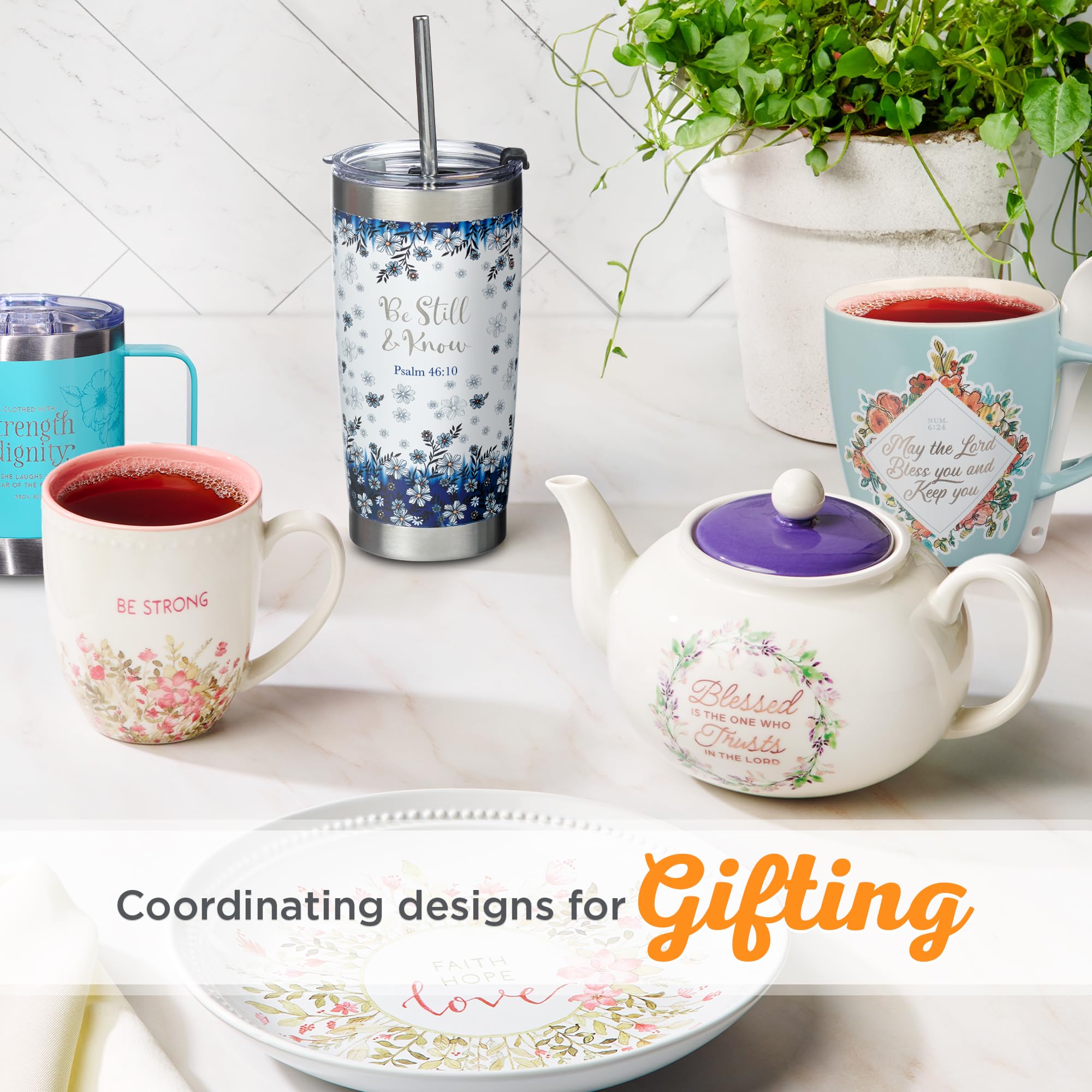 Christian Art Gifts Double Wall Vacuum Insulated Stainless Steel Travel Mug And Straw 18 Oz Blue Floral Camp Style Coffee Mug Wi