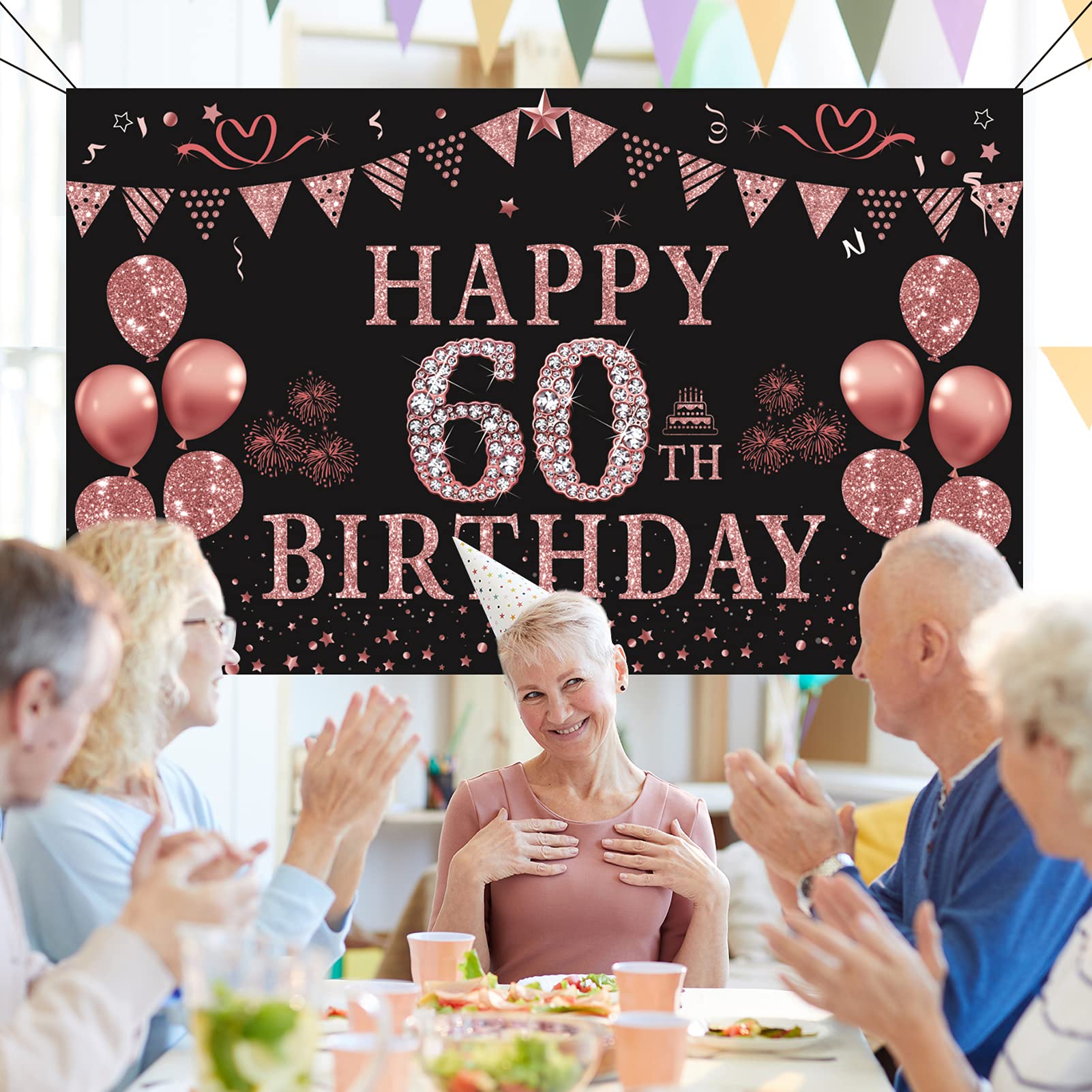 Trgowaul 60Th Birthday Decorations For Women Rose Gold Birthday Backdrop Banner 5.9 X 3.6 Fts Happy Birthday Party Suppiles Phot