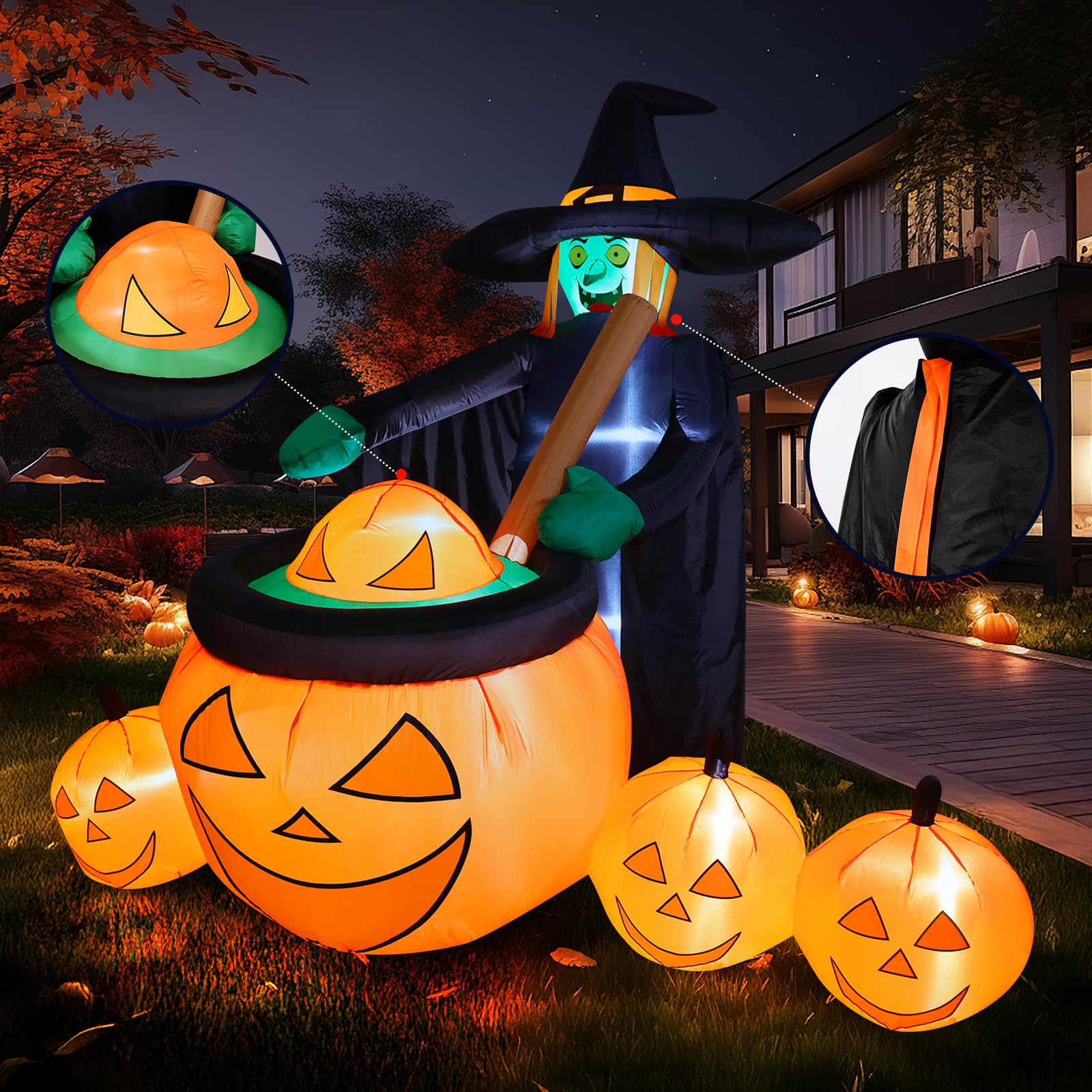 Thuodo 7 FT Tall Halloween Inflatables Witch Pumpkin Pot Outdoor Decorations Blow Up Yard with Built-in LEDs for Lawn Garden Hol