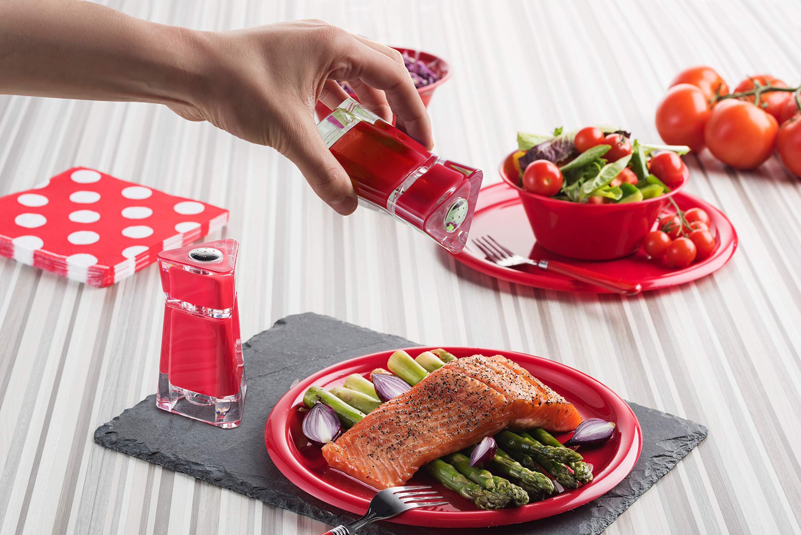 Mitbak Acrylic Red Salt And Pepper Shakers (2 Piece Set) | Elegant Salt And Pepper Dispensers With Perfectly Sized Holes For Eve