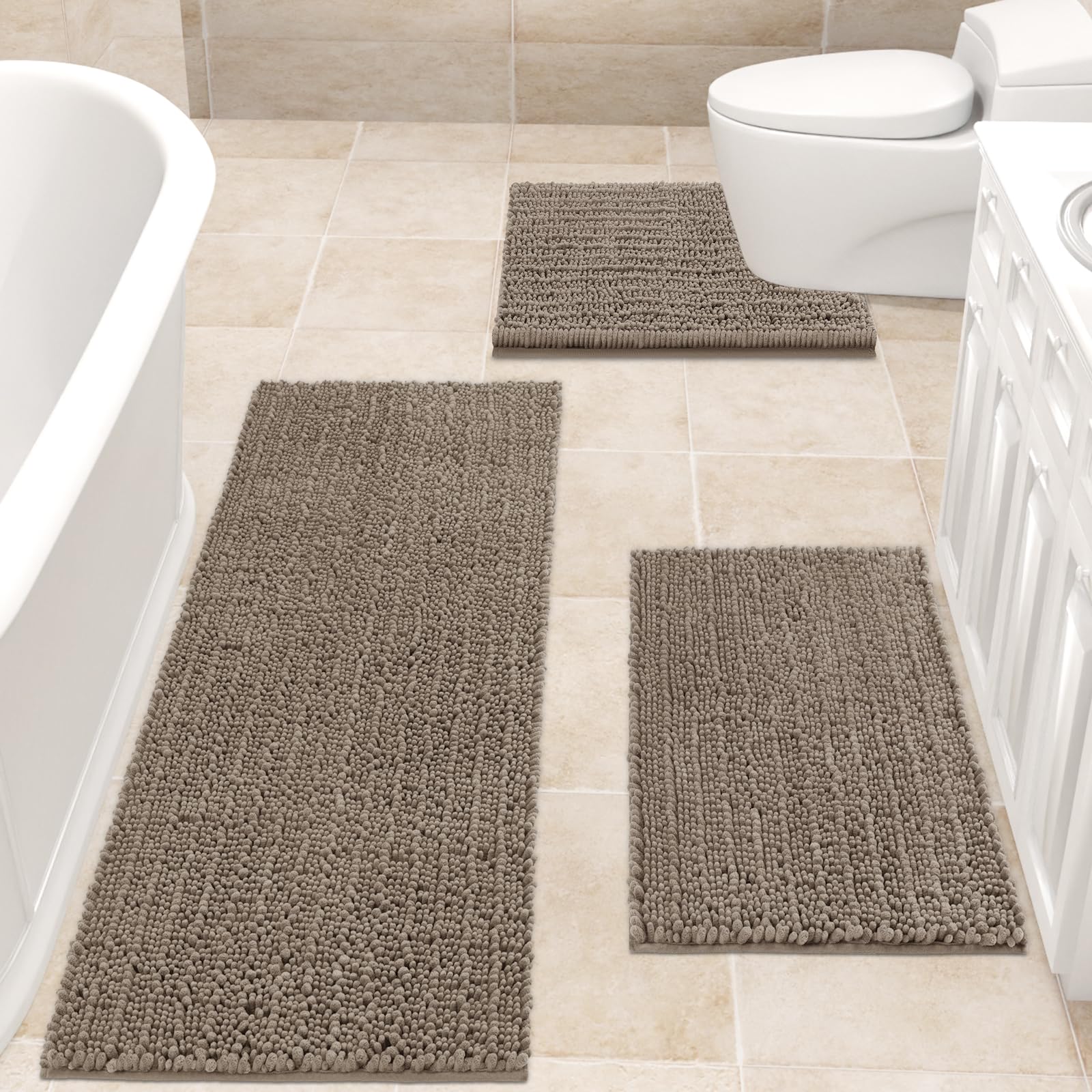 Accumtek Upgrade Extra Large Dark Beige Bathroom Rug Set 3 Pieces Gray Ultra Soft, Thick Absorbent Bath Mats, Non Slip Chenille