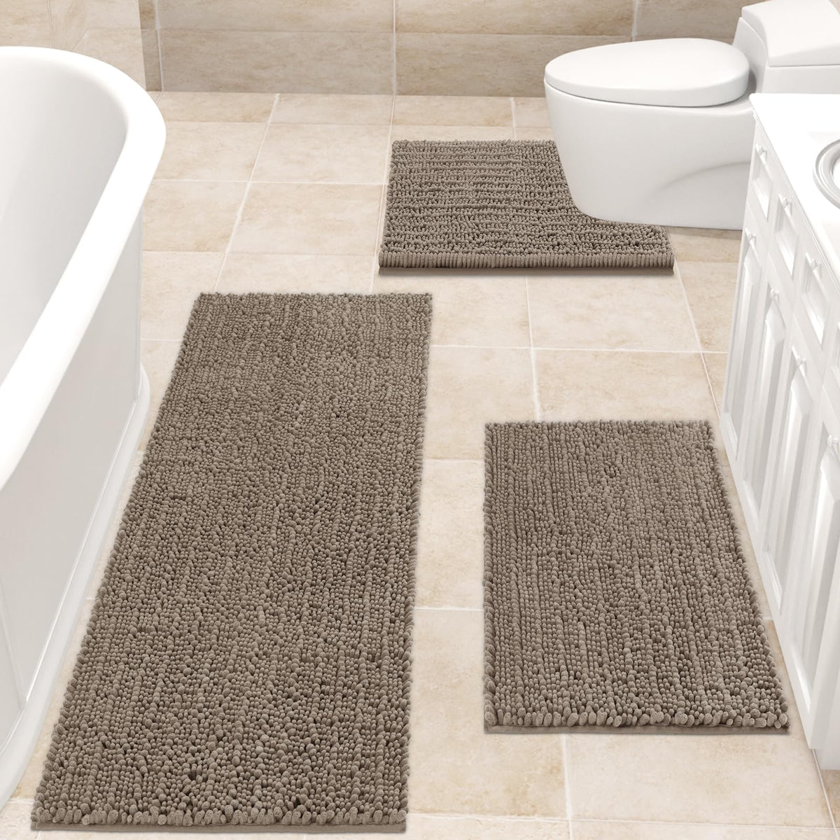 Accumtek Upgrade Extra Large Dark Beige Bathroom Rug Set 3 Pieces Gray Ultra Soft, Thick Absorbent Bath Mats, Non Slip Chenille