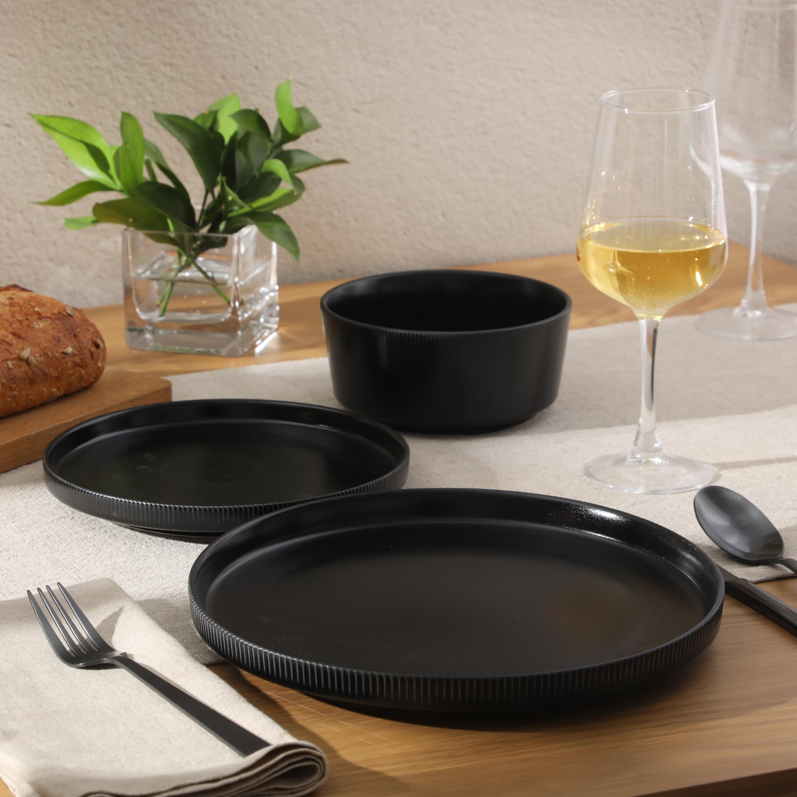 Gibson Home Dempsey Road 12-Piece Stoneware Dinnerware Set - Service for 4, Round Black Plates and Bowls, Durable Solid Color Mo