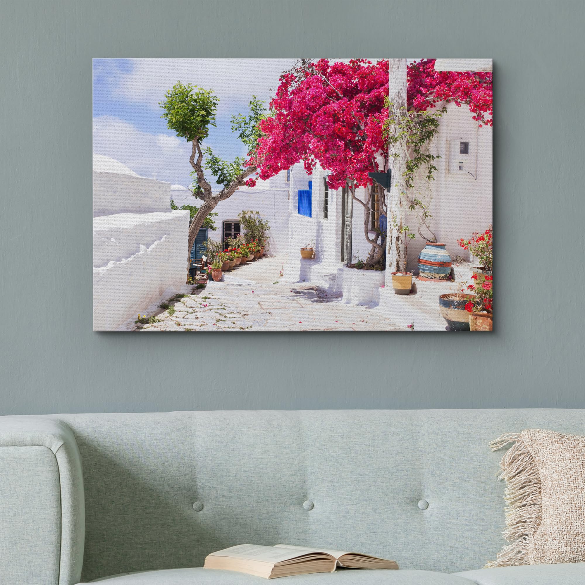 Wall26 Canvas Print Wall Art Santorini Greece Pink Flowers Nature Wilderness Photography Realism Landscape Scenic Bohemian Rusti