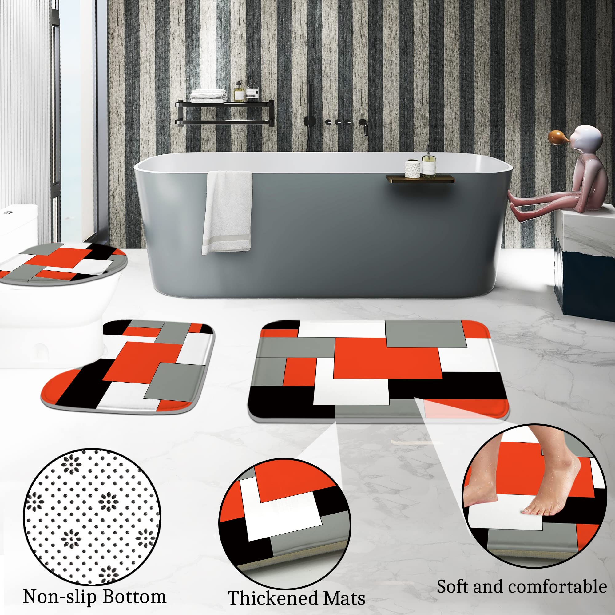 Poedist 4 Pcs Bathroom Decor Shower Curtain Set with Rugs and Accessories Red and Black Geometric Squares Shower Curtain Sets Include Bath Mat U Shape and Toilet Lid Cover Mat with 12 Durable Hooks