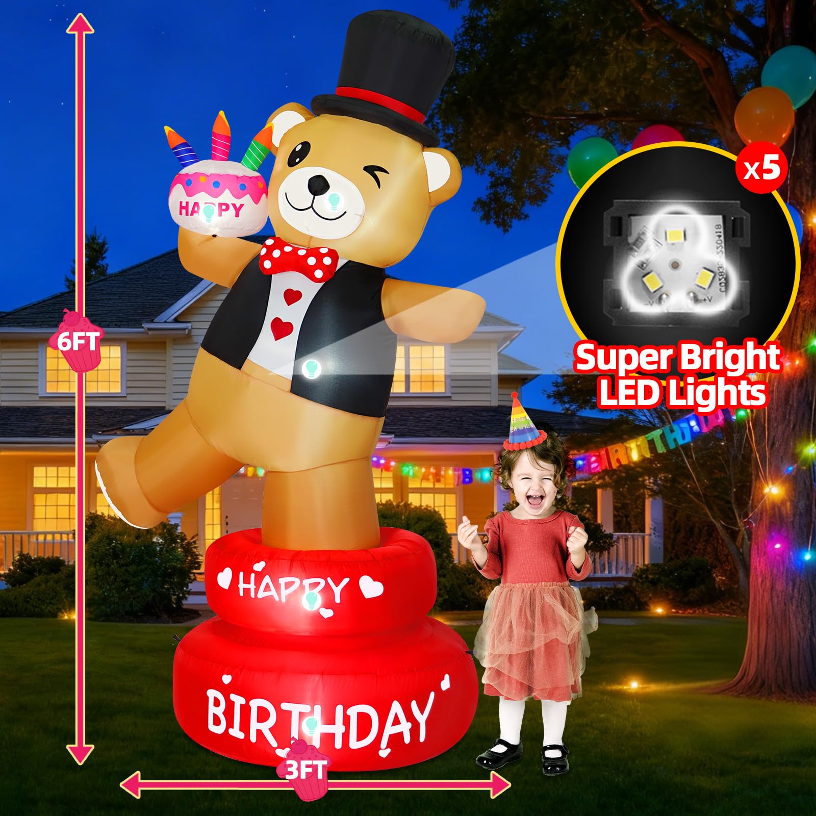 BRDJade 6FT Rotating Brown Bear Holding Birthday Cake Inflatable, 180 Spinning Blow Up Yard Decoration with Bright LED Lights fo