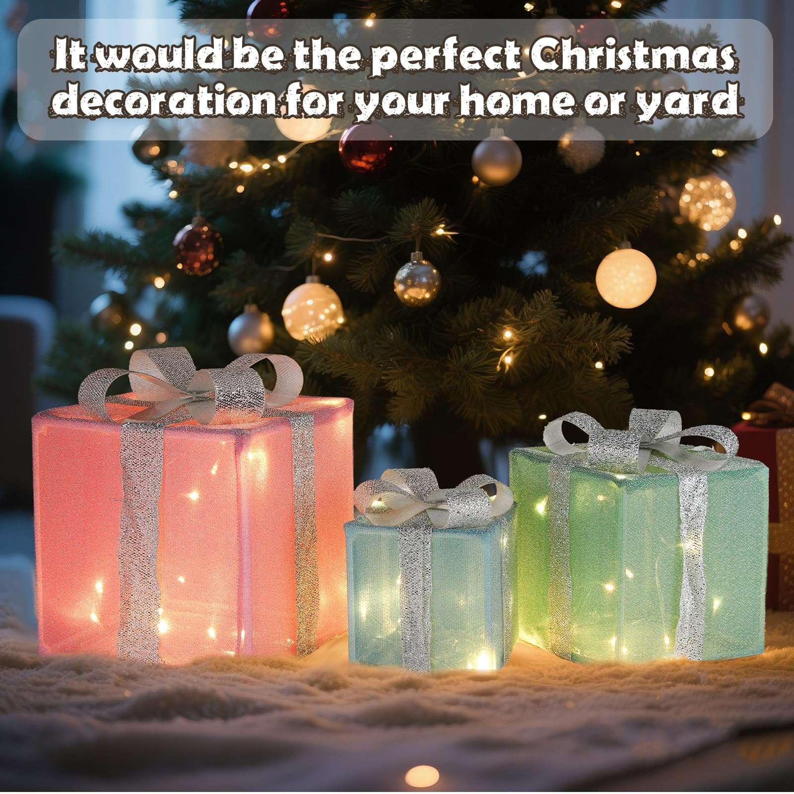 Threehoney 3 Pcs Pastel Christmas Lighted Gift Boxes Decoration Light up Present Christmas Packages with 8 Lighting Modes Candy