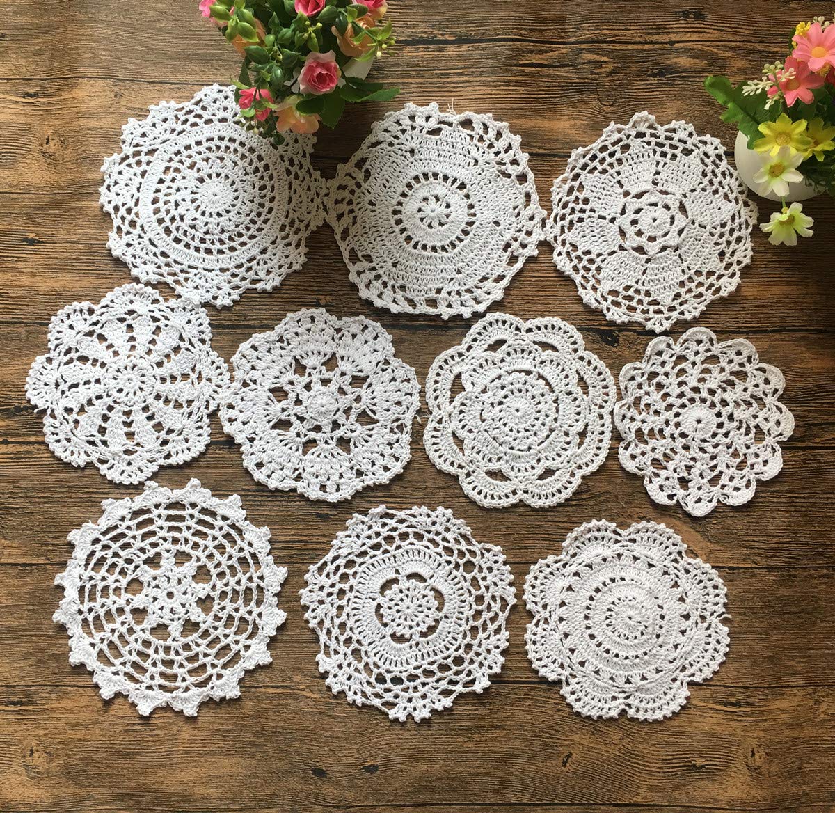 Mindplus Set Of 10 Cotton Hand Crochet Doilies Lace White 6-7 Inches Round Crocheted Placemats Vintage Wedding Tea Party
