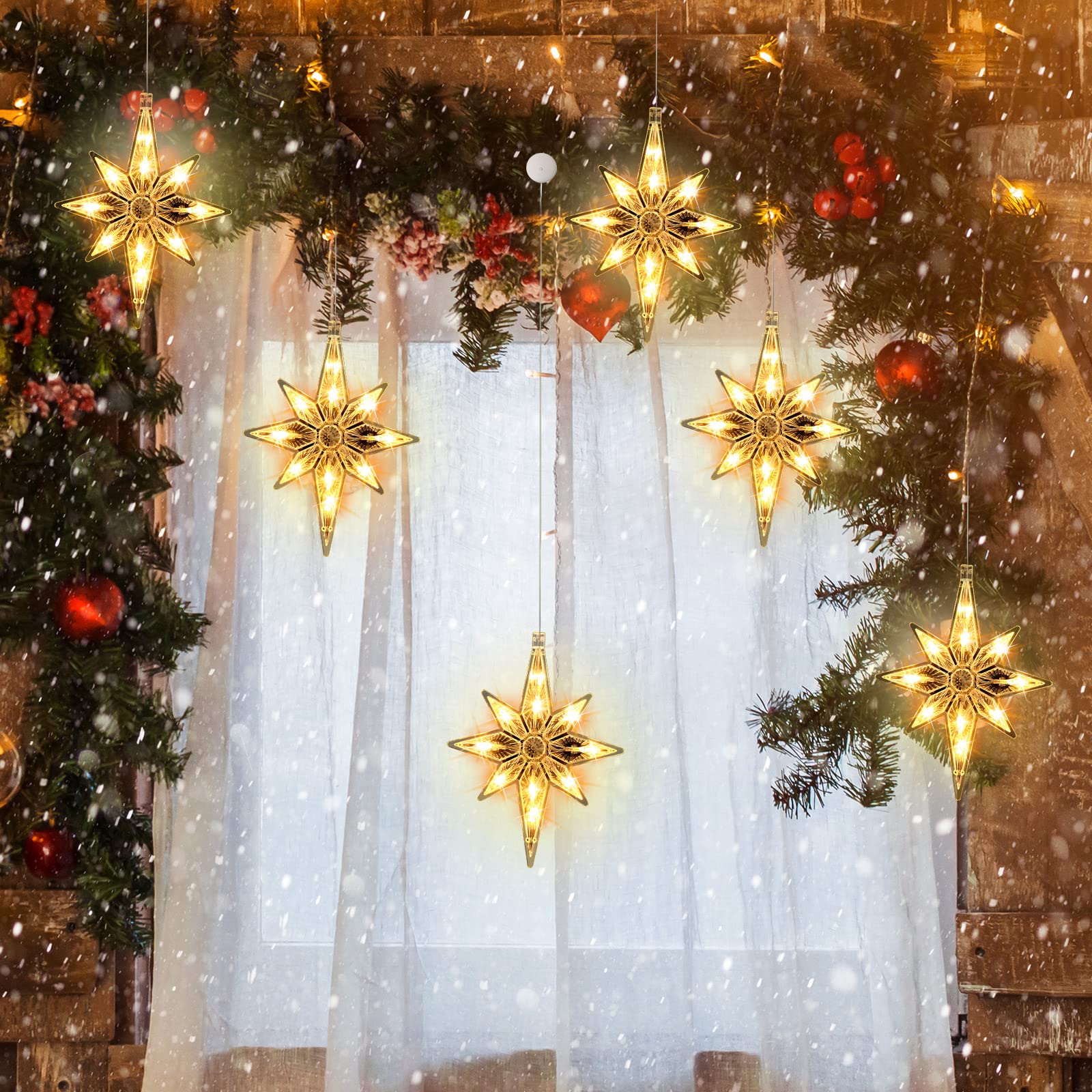 VIHOSE 6 Pcs 10.6 Inch Bethlehem Christmas Window Lights Plastic LED Lighted Christmas Window Silhouette Lights Large Hanging Xm