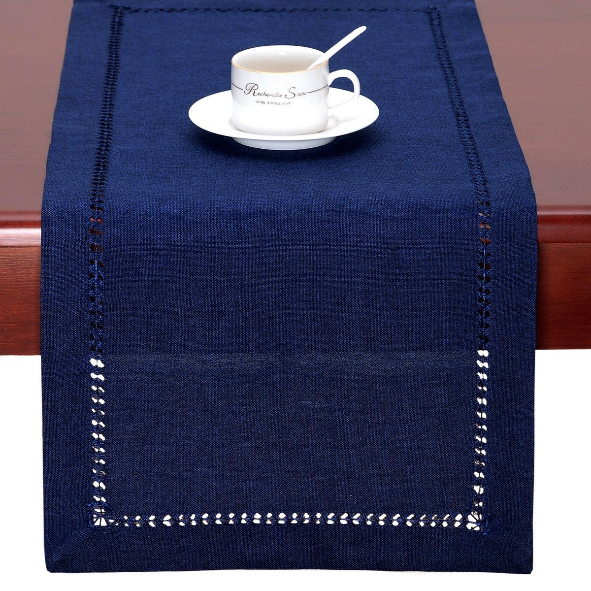 Grelucgo Handmade Hemstitch Solid Navy Blue Nautical Rectangular Table Runner Or Dresser Scarf (14 X 60 Inch)