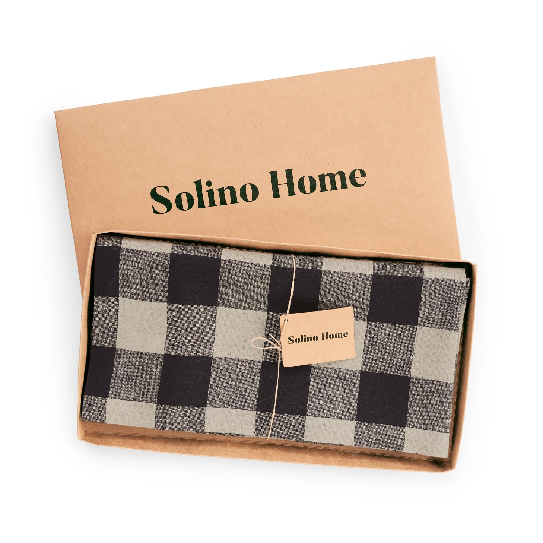Solino Home Buffalo Check Linen Square Tablecloth 52 X 52 Inch - 100% Pure Linen Natural And Black Plaid Table Throw - Machine W